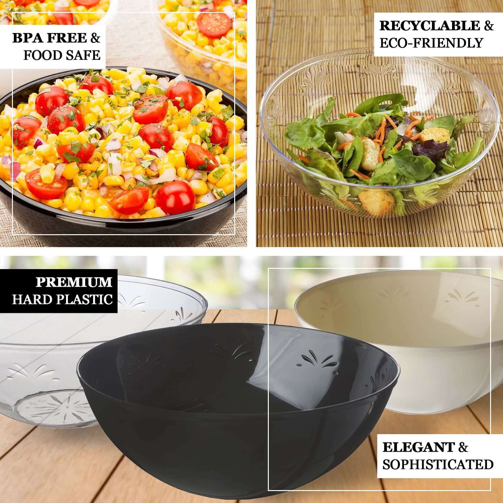 4-Pack Plastic Salad Bowls Clear - Sturdy Medium Disposable Dishes for Parties 32oz