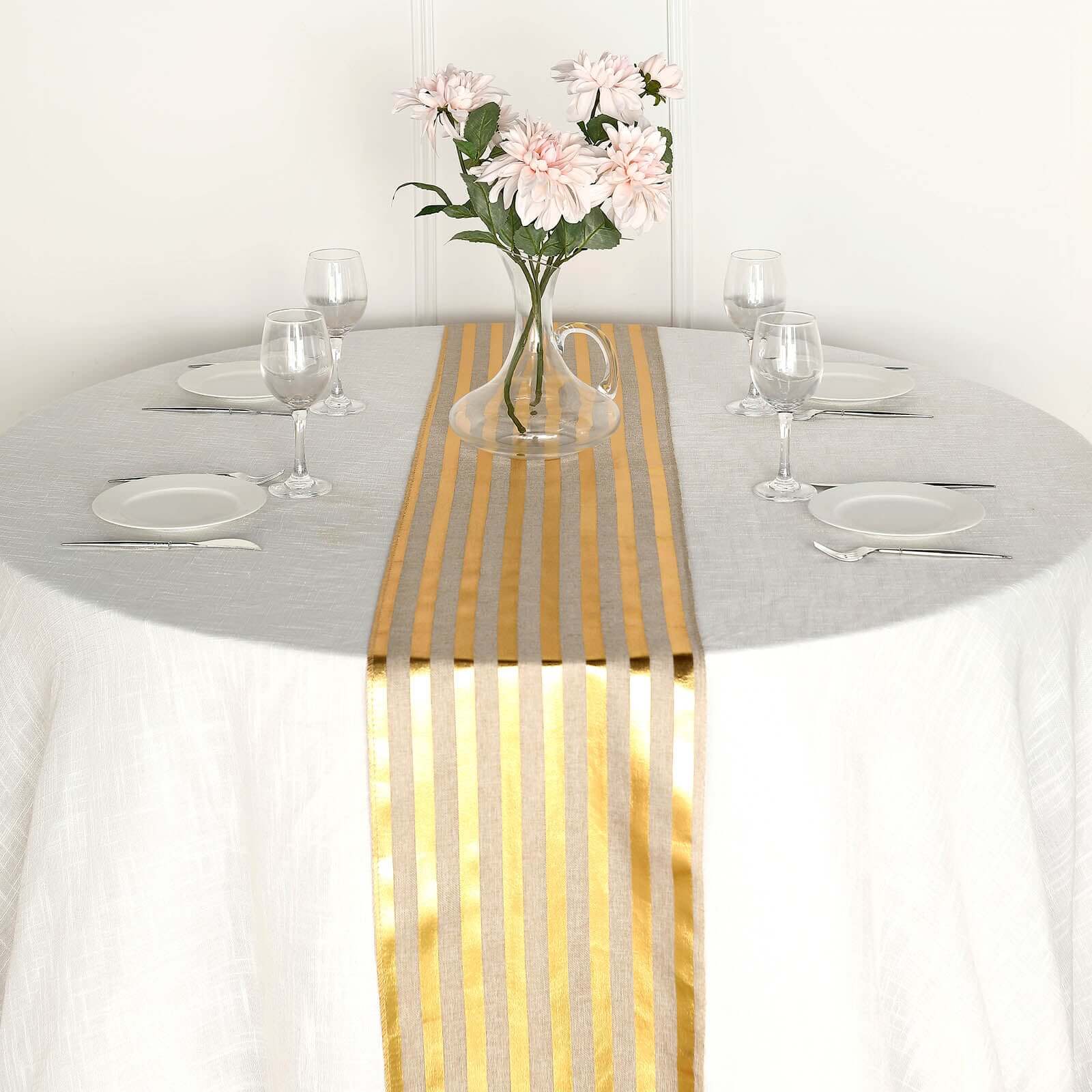 Faux Jute Burlap 12x108 Table Runner Taupe with Gold Stripes - Rustic Farmhouse Table Linen