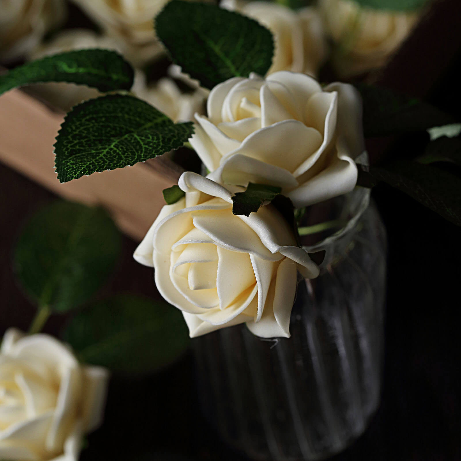 24 Roses 2 Cream Artificial Foam Flowers With Stem Wire and Leaves