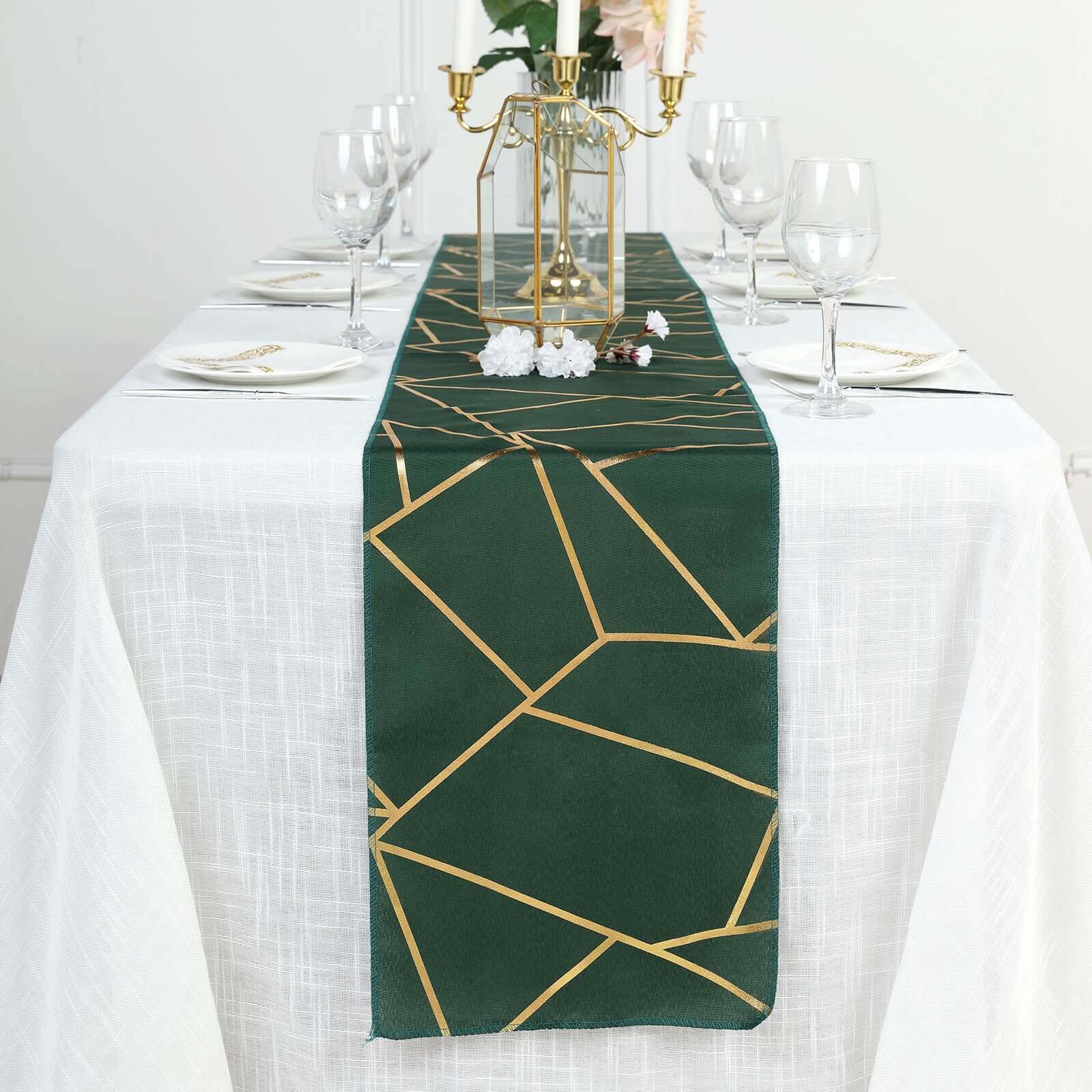 Polyester 9ft Table Runner Hunter Emerald Green with Gold Foil Modern Geometric Accent