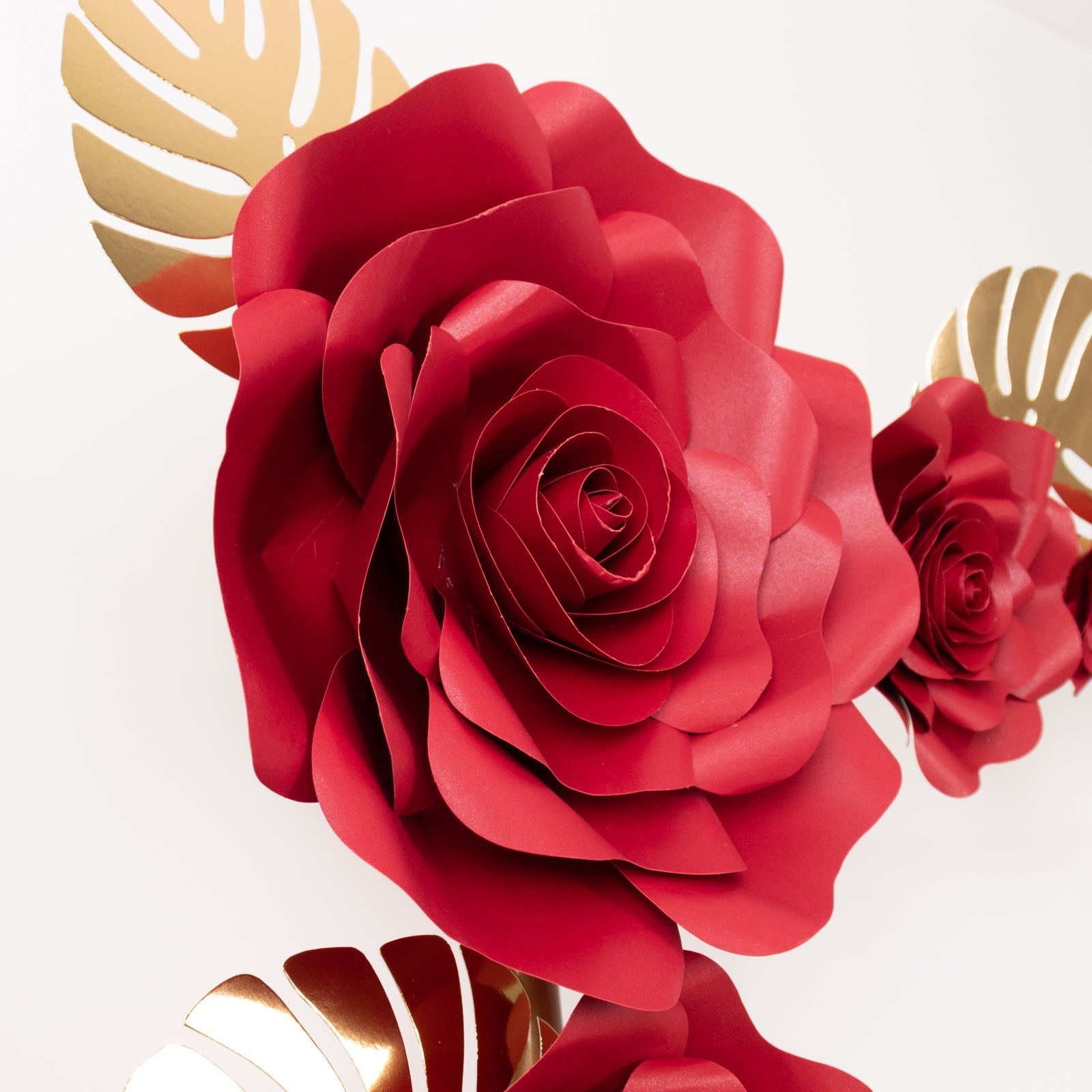 Set of 9 Red 3D Rose Paper Flowers with Gold Tropical Palm Leaves, Party Flower Backdrop Hanging Wall Decor