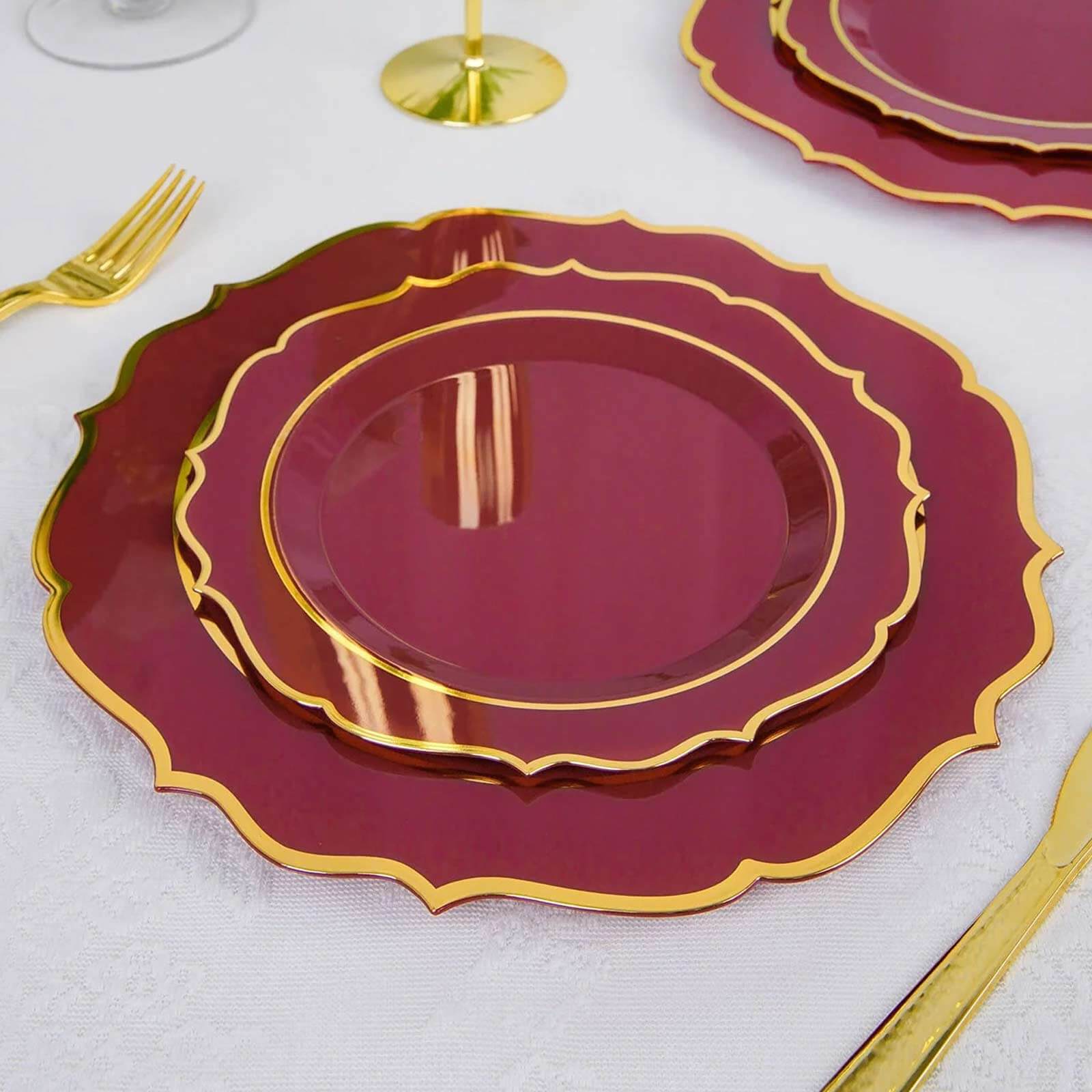 10-Pack Plastic 8 Round Desert Plates in Burgundy with Gold Scalloped Rim - Disposable Appetizer/Salad Plates