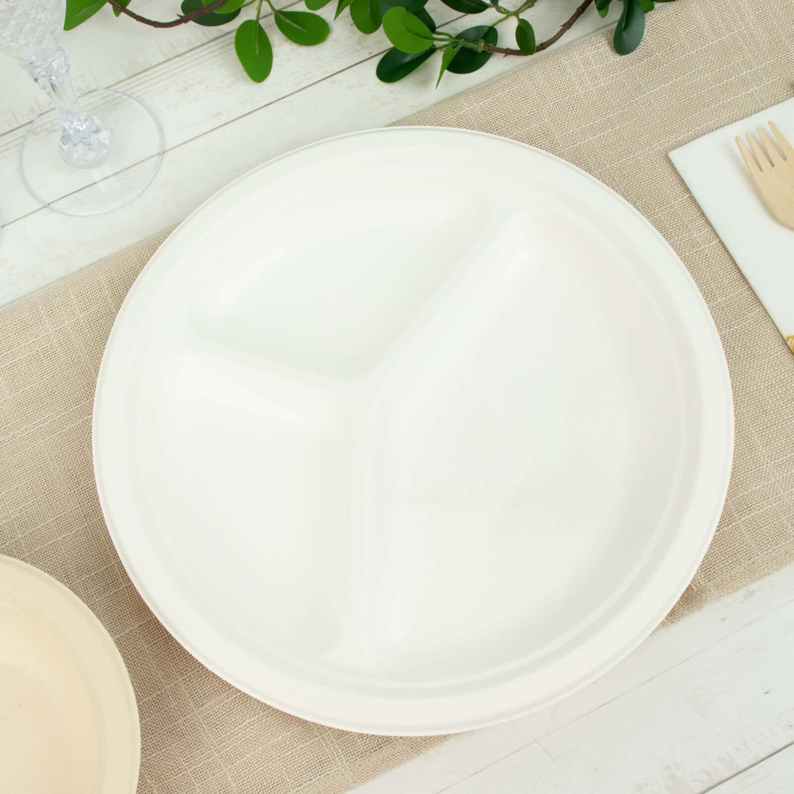 50-Pack Bagasse 10 Round Dinner Plates in White with 3-Compartments - Eco Friendly Biodegradable Sugarcane Divided Plates for Food Trucks Catering & Events