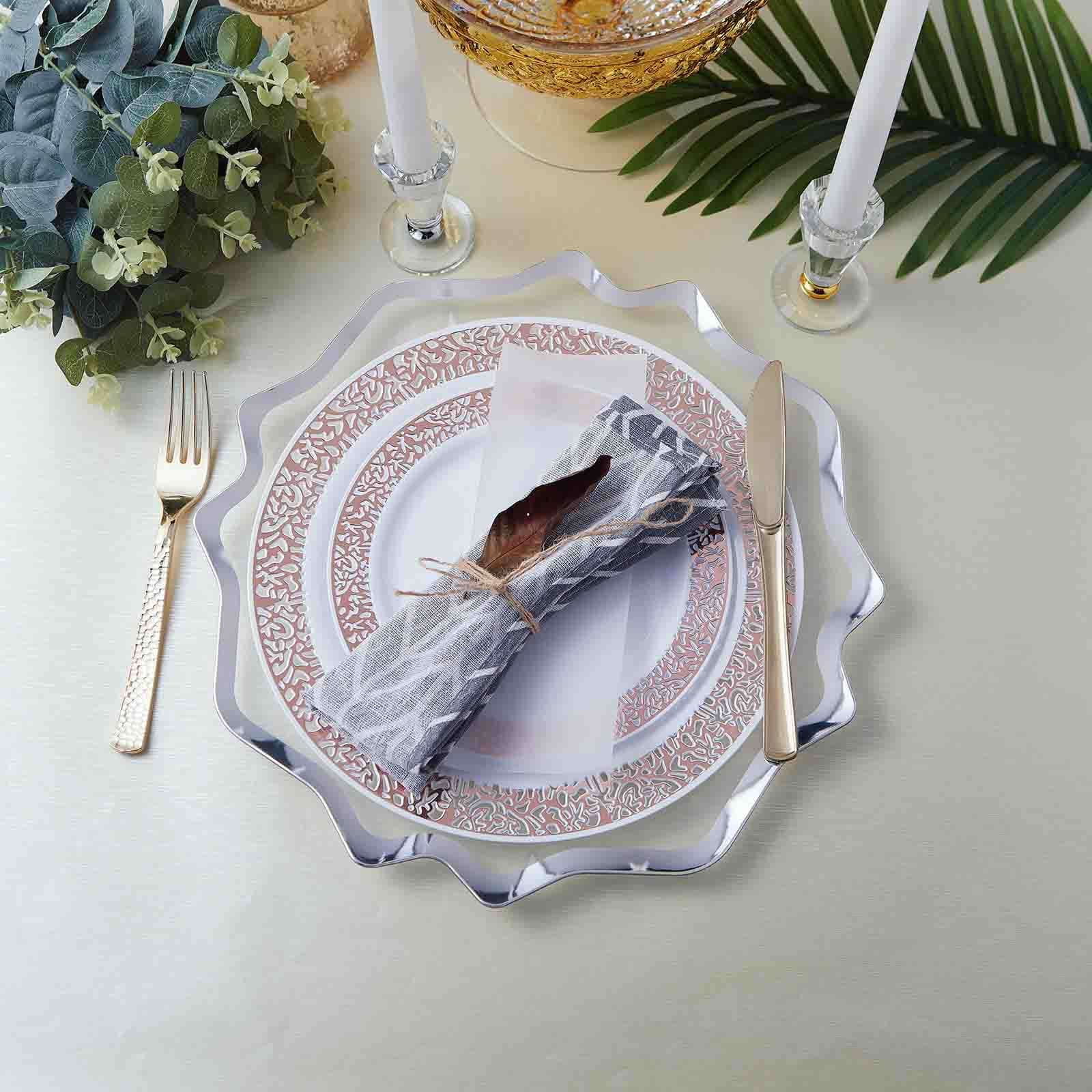 6-Pack Acrylic Plastic Round Charger Plates 13 in Clear with Silver Scalloped Edge, Exquisite Dinner Serving Plates