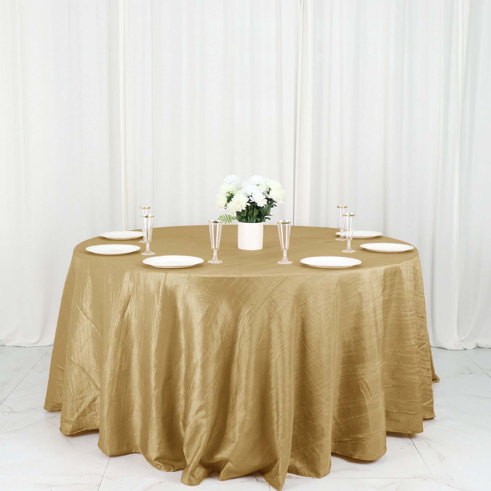 Taffeta 132 Round Tablecloth Gold - Seamless Accordion Crinkle Design for Exquisite Occasions