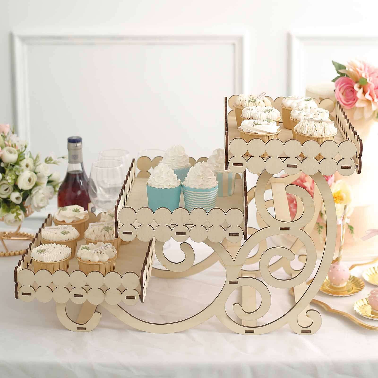 3-Tier Wooden Dessert Display Rectangular Laser Cutout Design Natural - Serving Platter Cupcake Mini Cake Tray 22