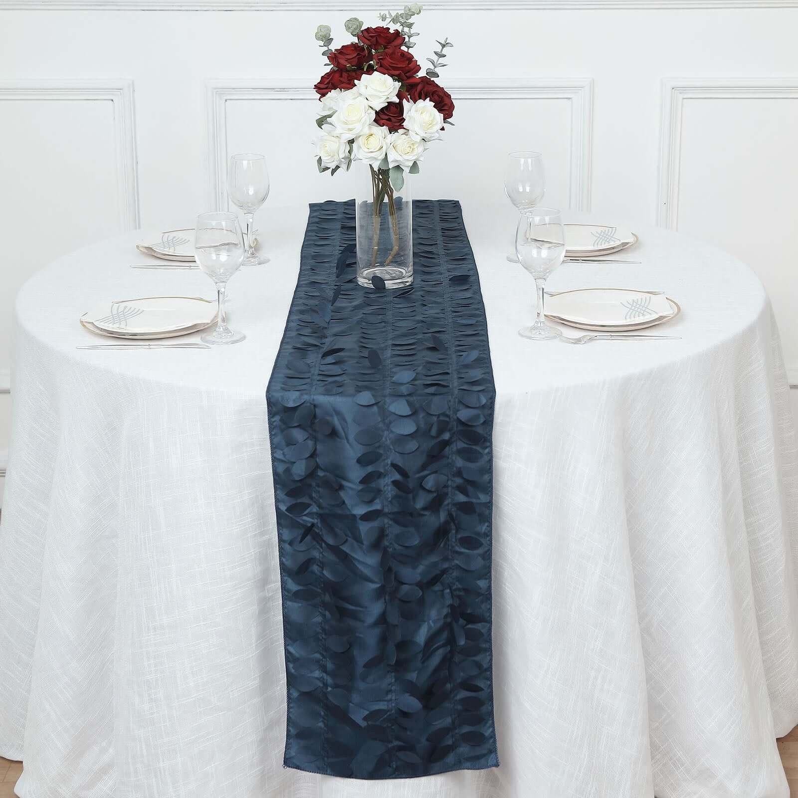 Taffeta Fabric 12x108 Table Runner Navy Blue - 3D Leaf Petal Design