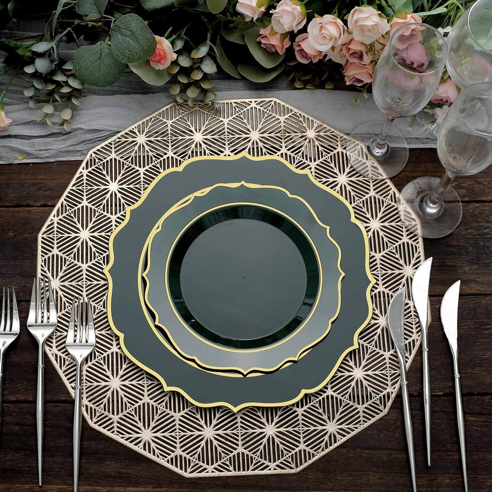 10-Pack Plastic 8 Round Desert Plates in Hunter Emerald Green with Gold Scalloped Rim - Disposable Appetizer/Salad Plates