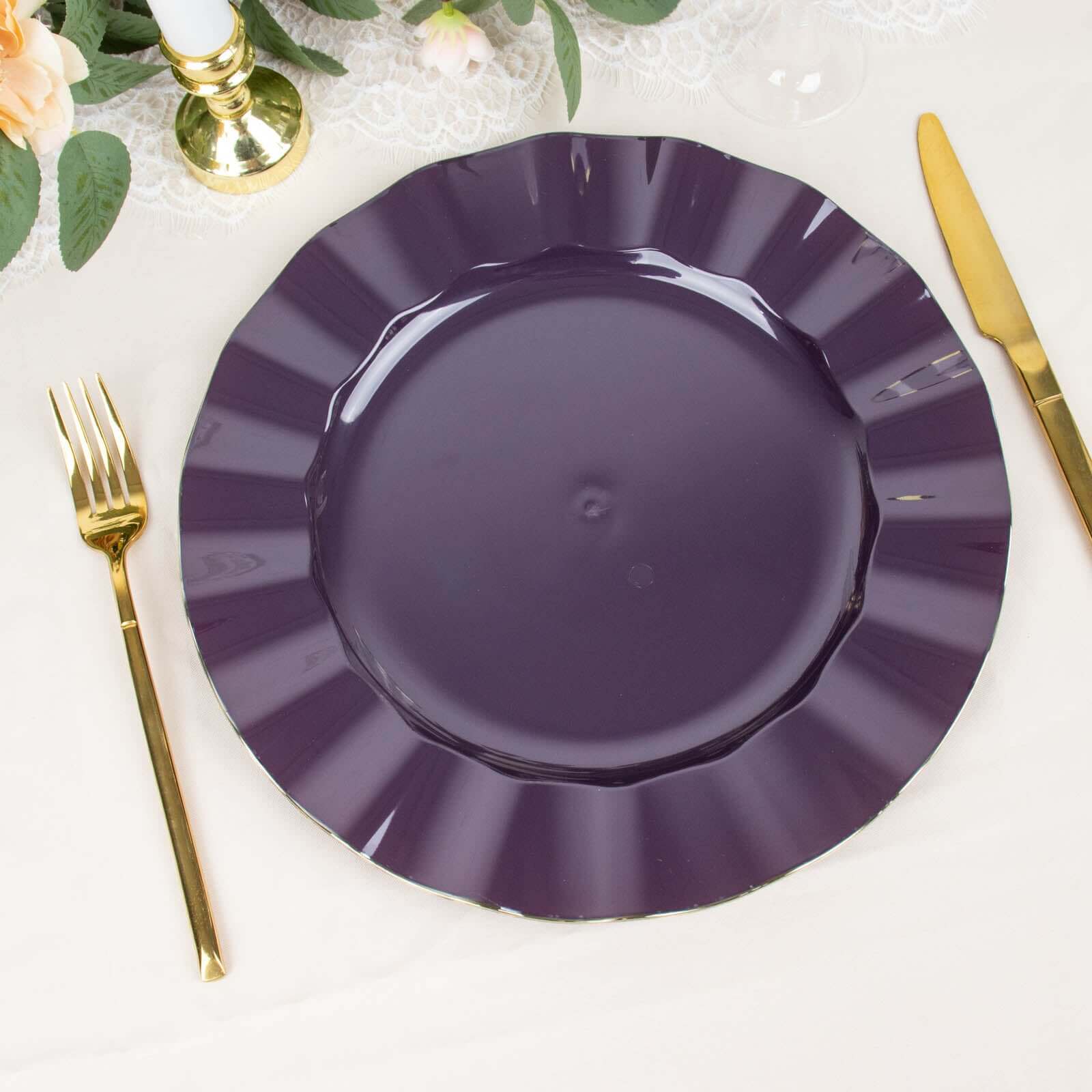 10-Pack Plastic 11 Round Dinner Plates in Purple Ruffled Rim with Gold Edging - Sturdy Disposable Dinnerware