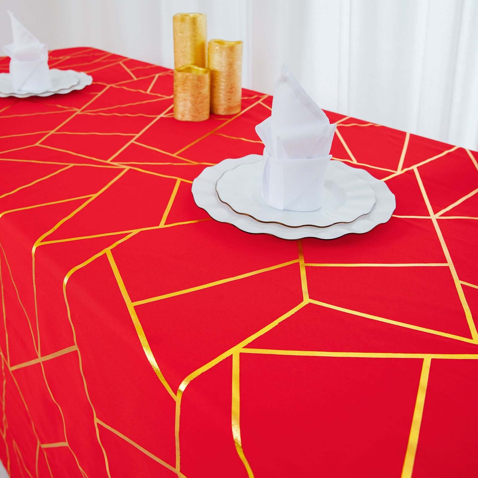 Polyester 90x132 Rectangle Tablecloth Red Seamless with Gold Foil Geometric Pattern - Wrinkle-Resistant Seamless Table Cover