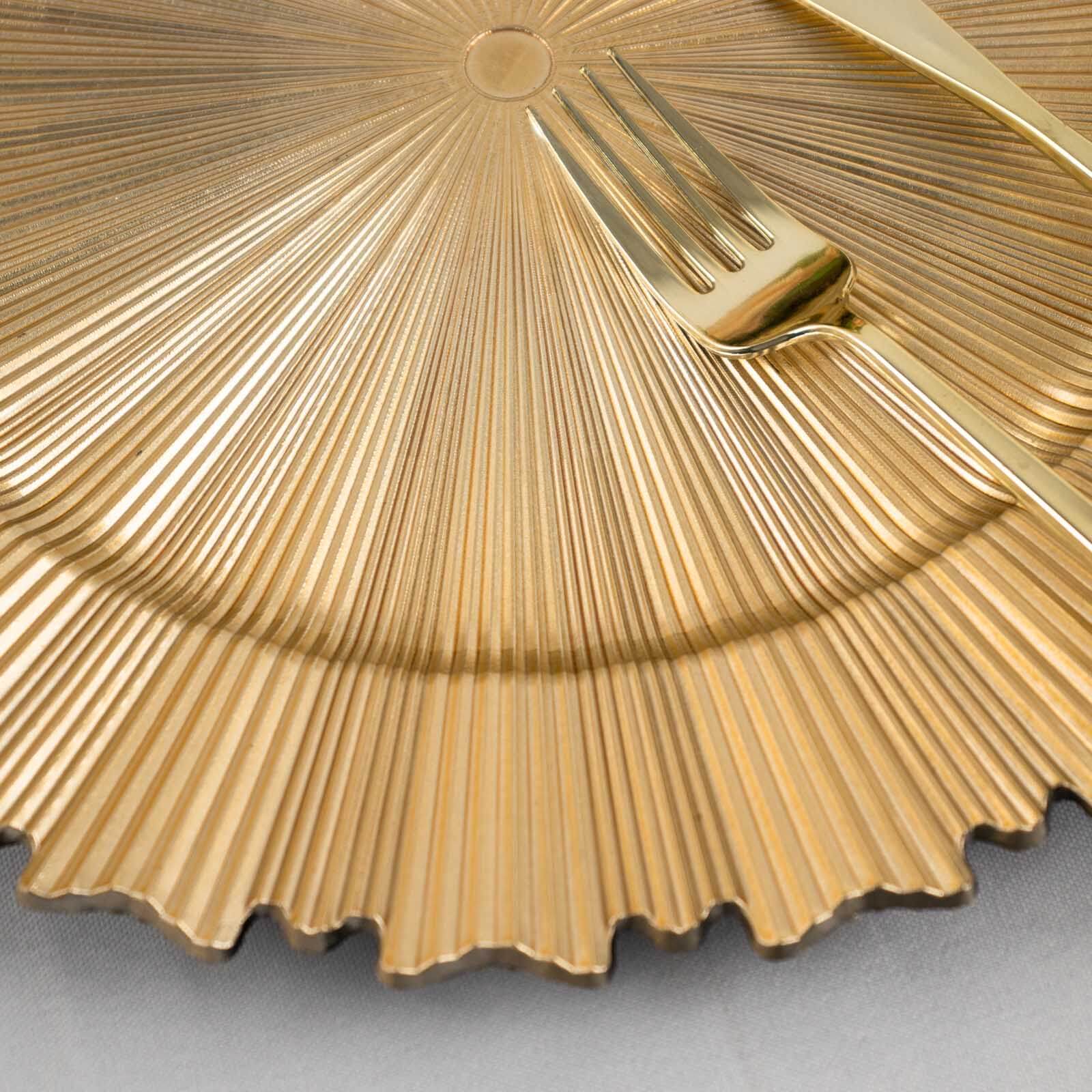 6-Pack Acrylic Plastic Round Charger Plates 13 in Metallic Gold with Sunray Scalloped Rim, Decorative Dinner Party Charger Tableware