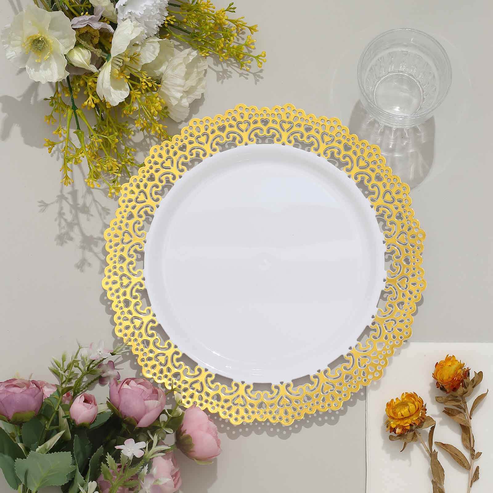 10-Pack Plastic 10 Round Dinner Plates in White with Gold Lace Rim - Disposable Party Plates for Classy Events & Banquets