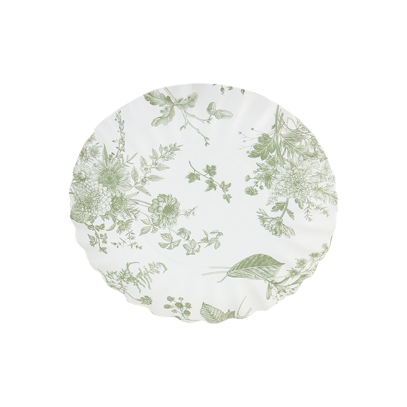 100-Pack Paper 3.5 Round Plates in White with Sage Green French Toile Design & Scalloped Rim - Disposable Mini 250GSM Dessert Party Plates for Tapas, Appetizers & Finger Foods