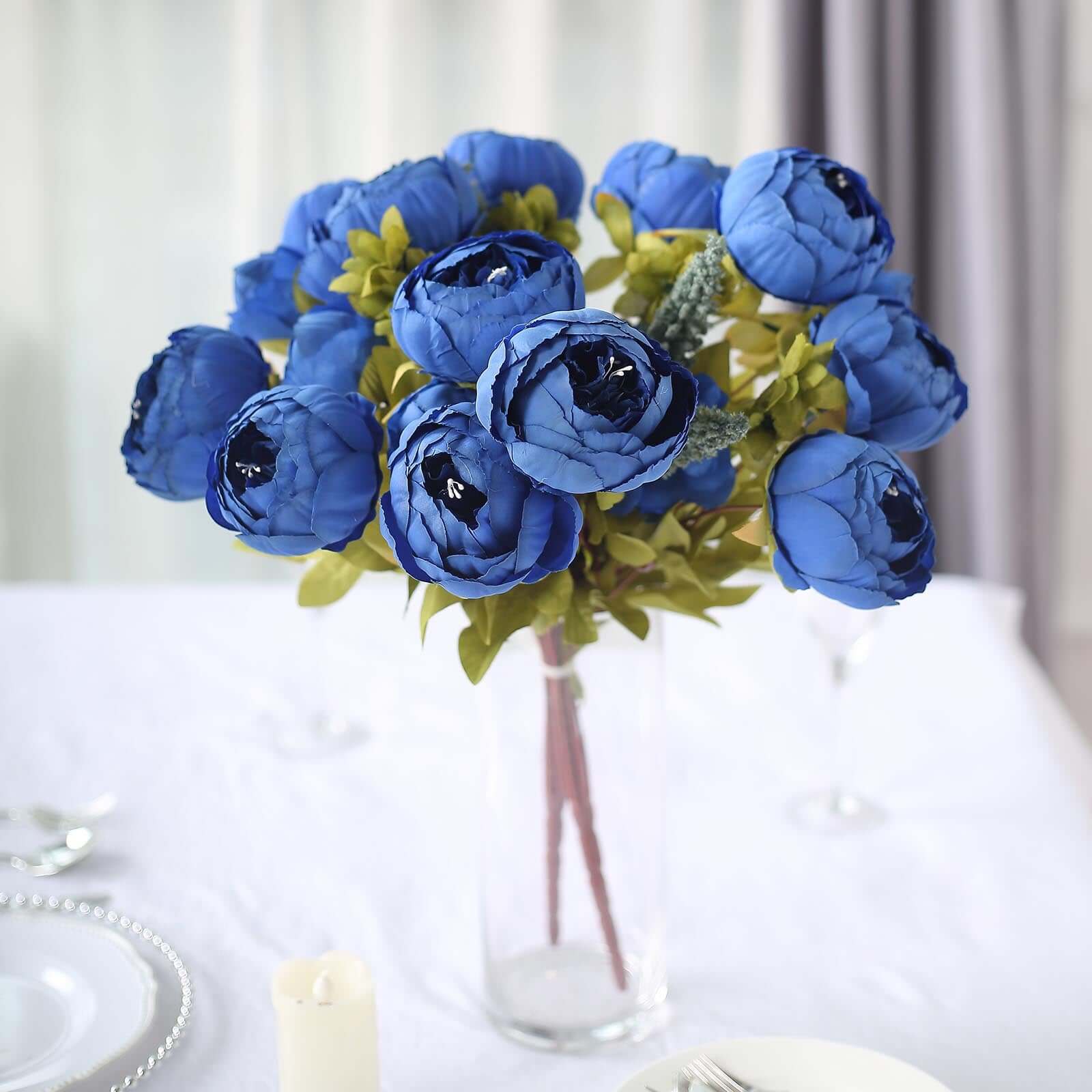 2 Pack 19 Royal Blue Artificial Peony Flower Wedding Bouquets, Faux Silk Flower Arrangements