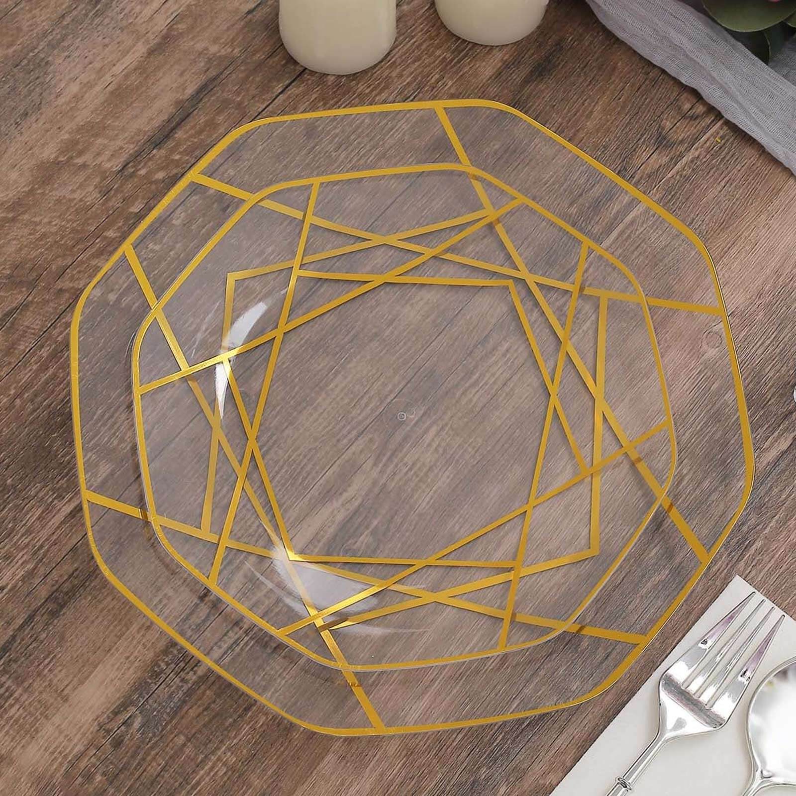 10-Pack Plastic 8 Octagon Dessert Plates in Clear - Modern Disposable Salad/Appetizer Plates with Gold Geometric Design for Special Occasions & Celebrations