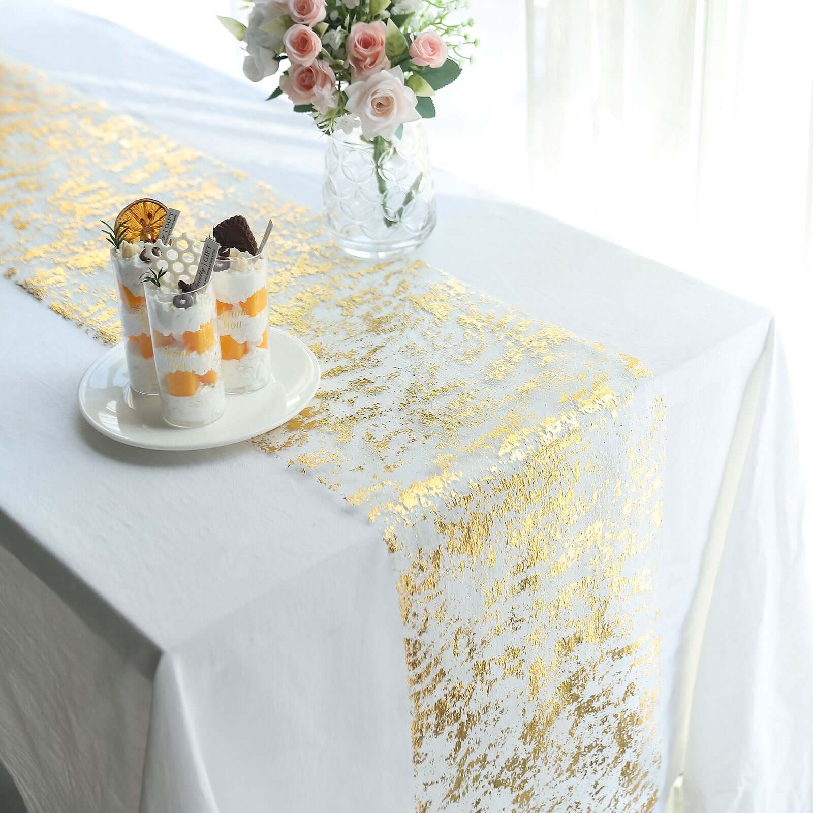 Mesh Polyester 108 Table Runner Roll Metallic Gold Distressed Foil Printing Design - Disposable Stylish Party Table Decor