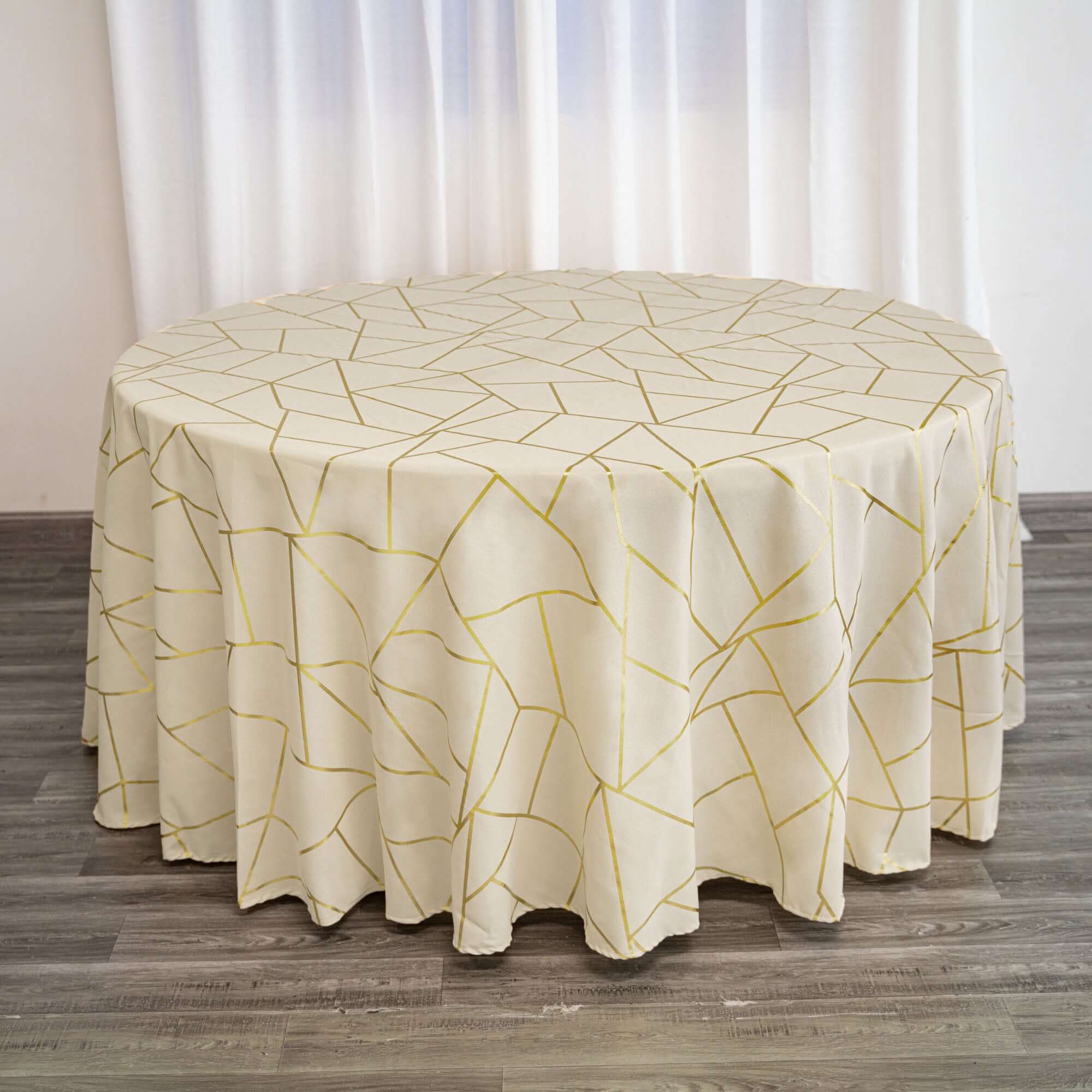 Polyester 120 Round Tablecloth Beige with Gold Foil Geometric Pattern Wrinkle-Resistant Seamless Table Cover