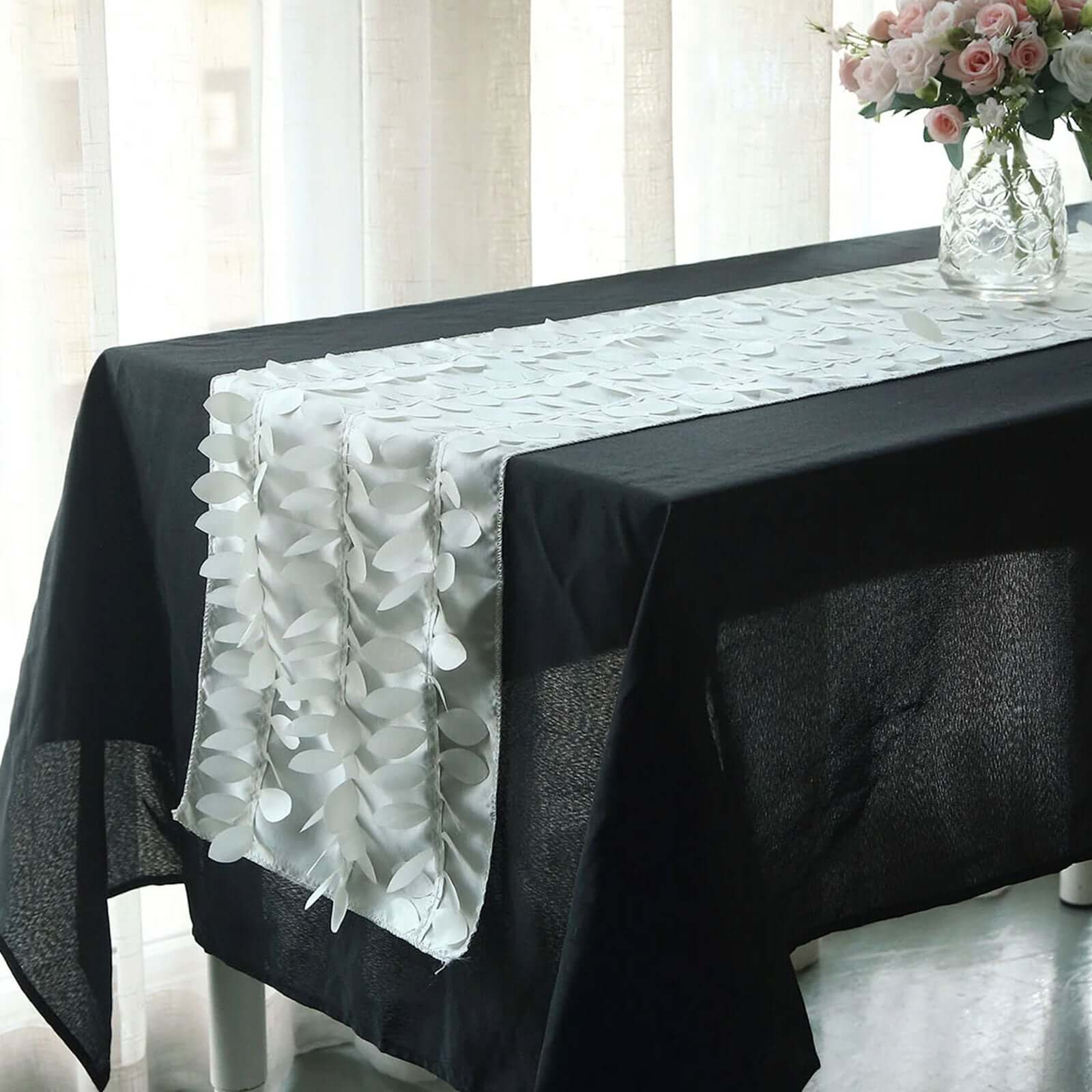 Taffeta Fabric 12x108 Table Runner Ivory - 3D Leaf Petal Design