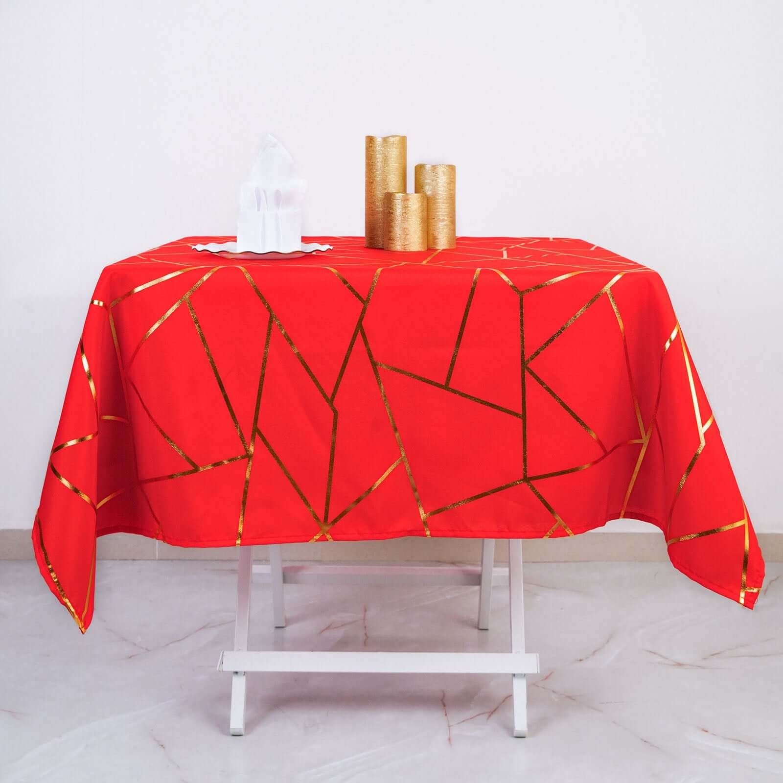 Polyester 54x54 Table Overlay Square Tablecloth Red with Gold Foil Geometric Pattern - Wrinkle-Resistant & Durable Table Topper