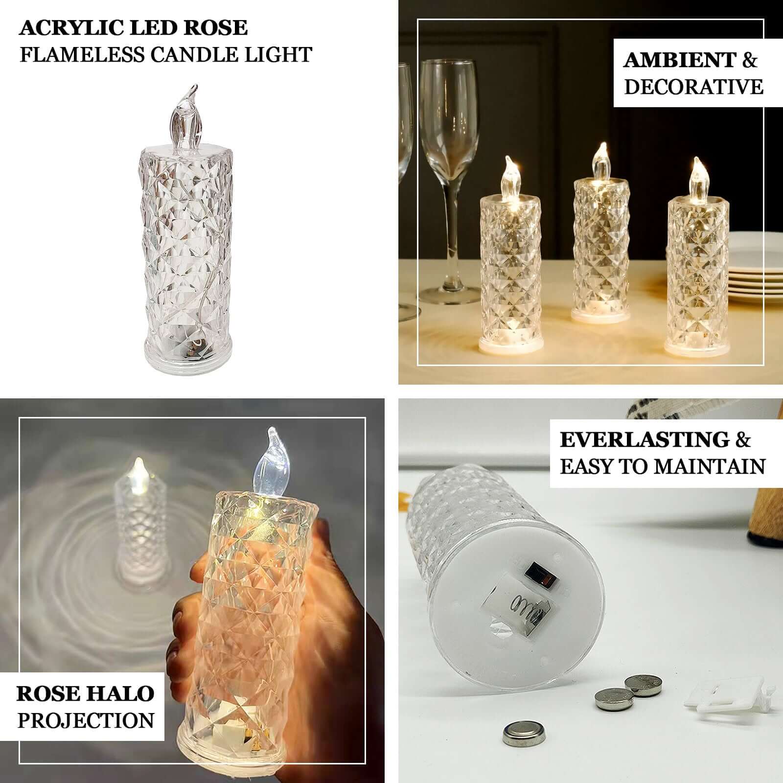 3-Pack LED Flameless Candle Lights Rose Halo Acrylic Diamond Pattern Warm White - Pillar Lamps 6