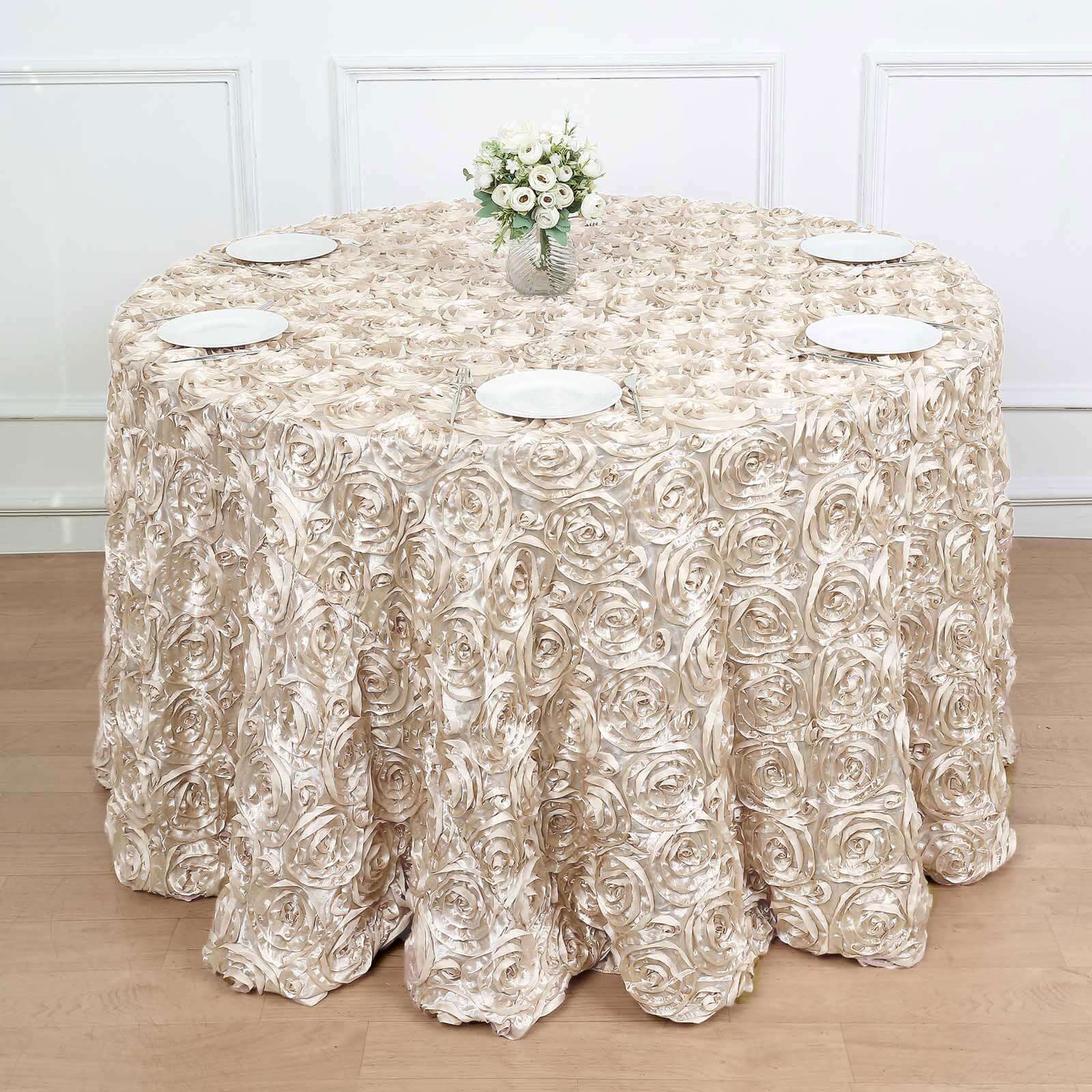 Satin 120 Round Tablecloth Beige - Grandiose 3D Rosette with Seamless Finish Table Cover