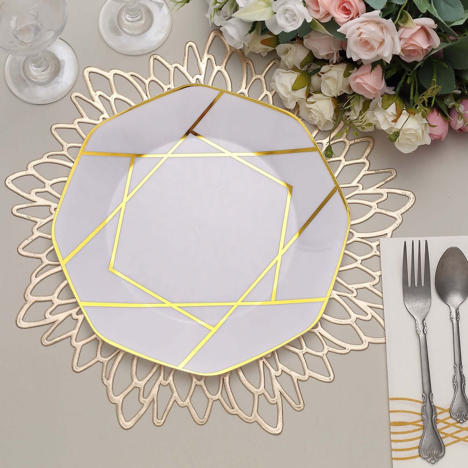 10-Pack Plastic 10 Octagon Dinner Plates in White - Modern Disposable Party Plates with Gold Geometric Design for Special Occasions & Celebrations