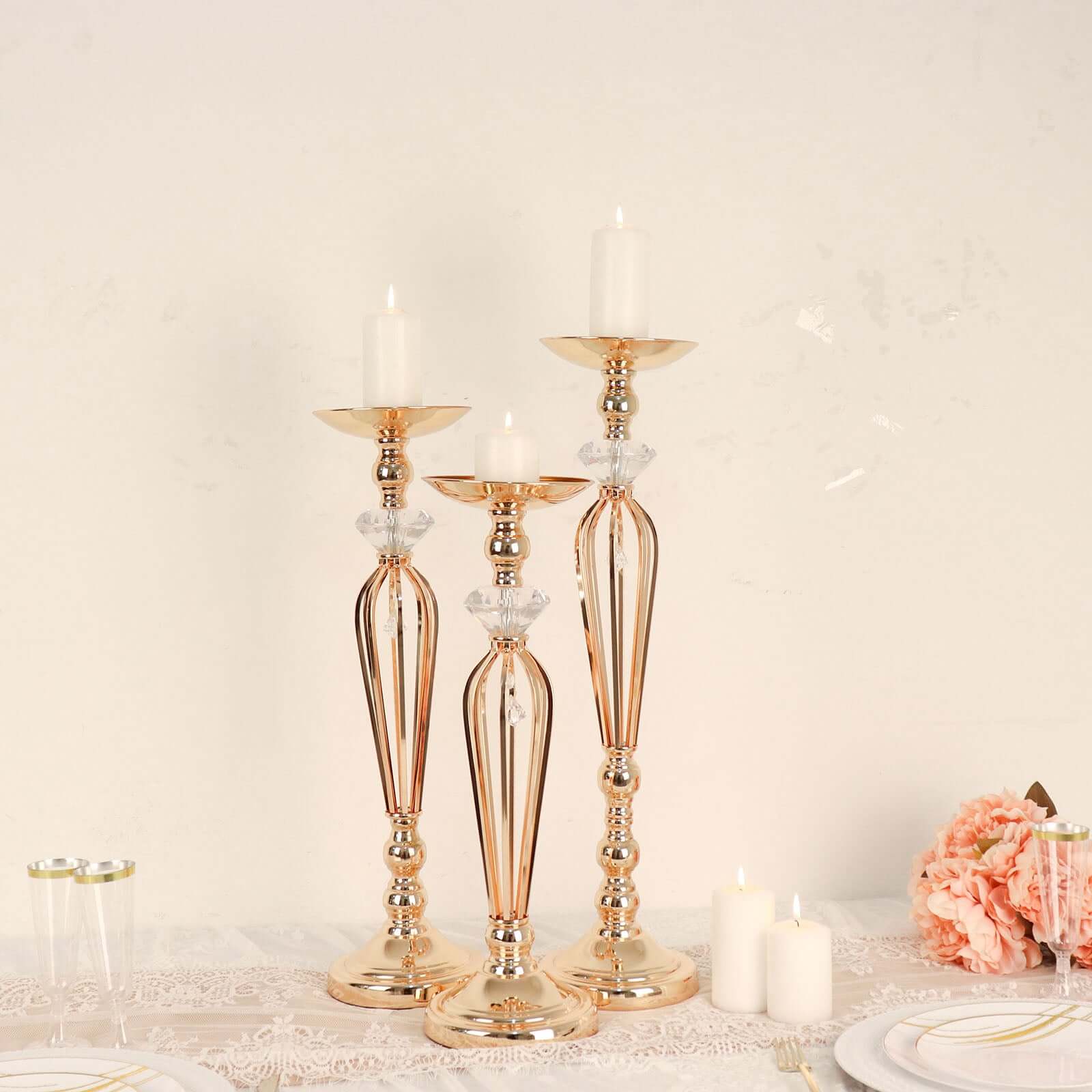 Set of 3 Metal Pedestal Stands with Crystal Ball Flower Bowl Design Gold - Pillar Candle Holders 20, 23, 25