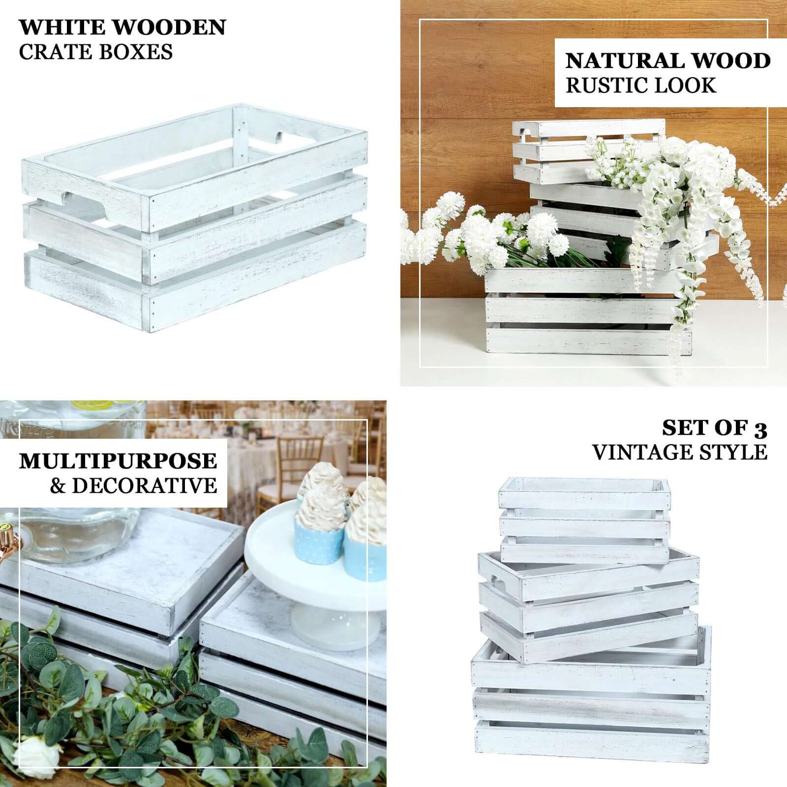 Set of 3 Rustic Wooden Crates White - Multi-Purpose Planters, Storage Containers & Display Risers