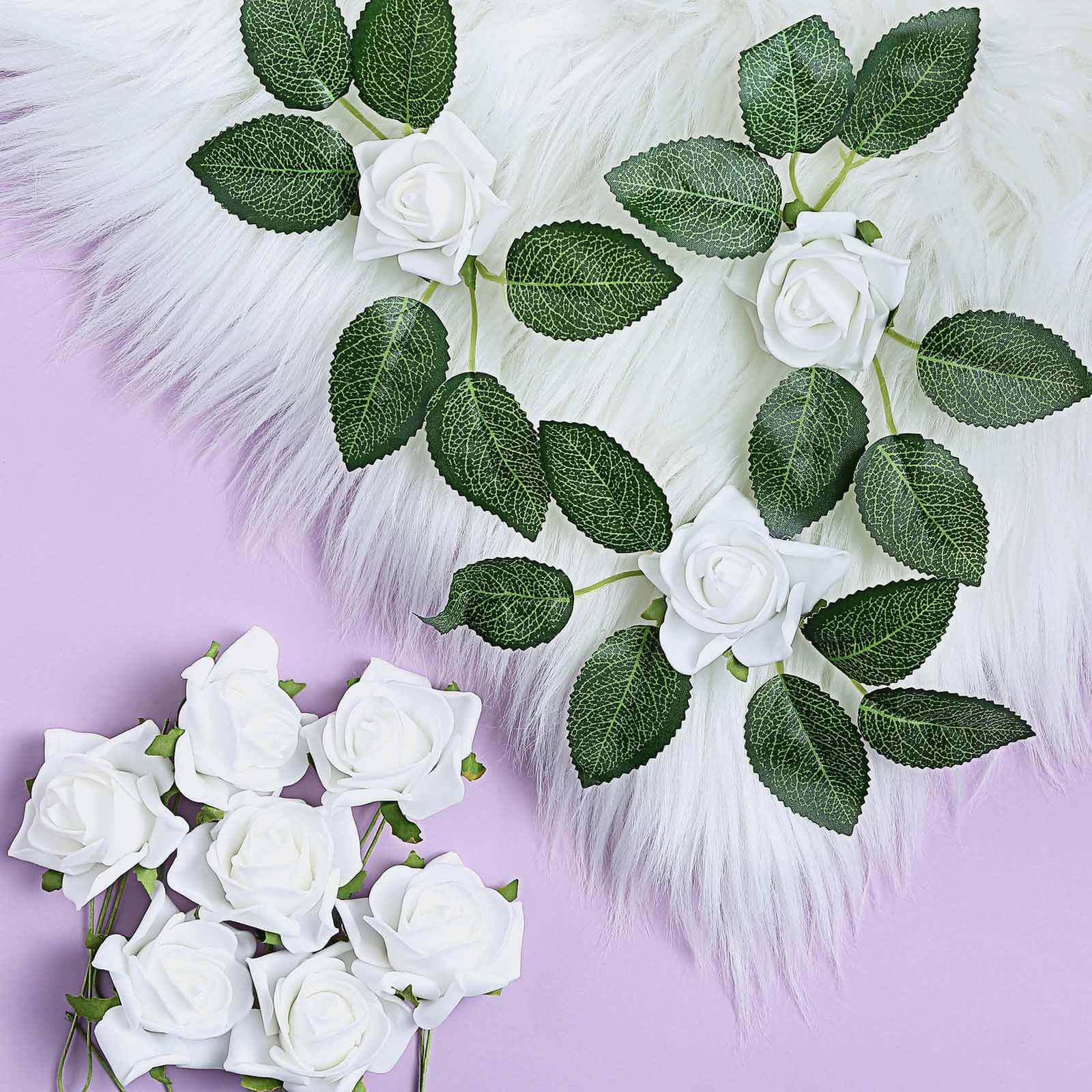 24 Roses 2 White Artificial Foam Flowers With Stem Wire and Leaves