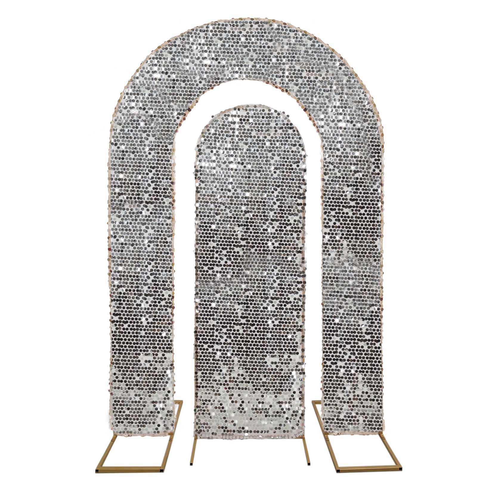 Set of 2 Silver Payette Sequin Wedding Arch Covers for Round Top and Double Arch Chiara Backdrop Stands - 6ft,8ft