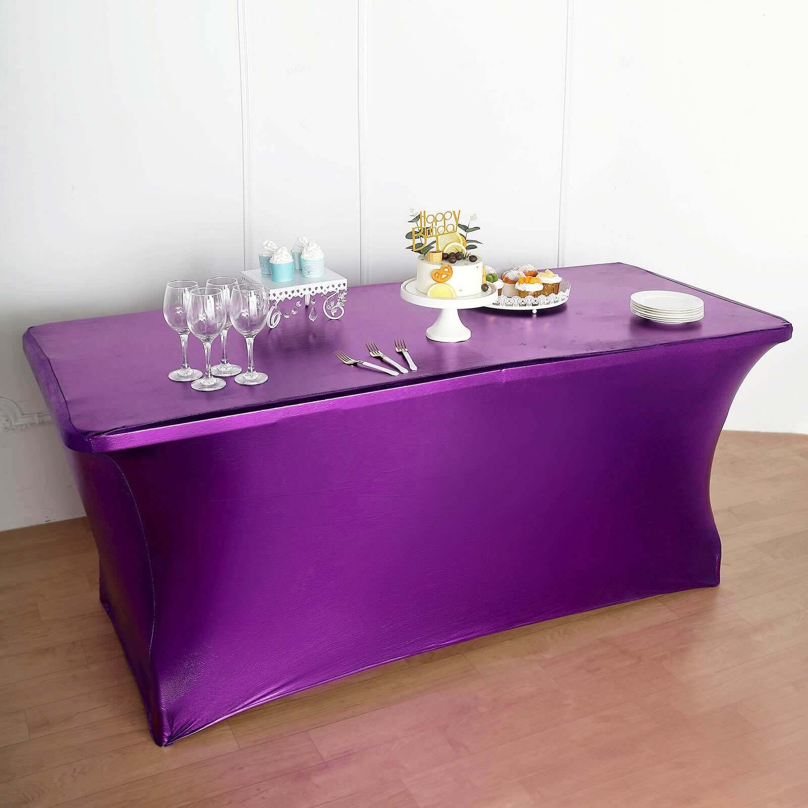 Metallic Purple Stretch Spandex Rectangle Tablecloth 6ft Wrinkle Free Fitted Table Cover for 72x30 Tables