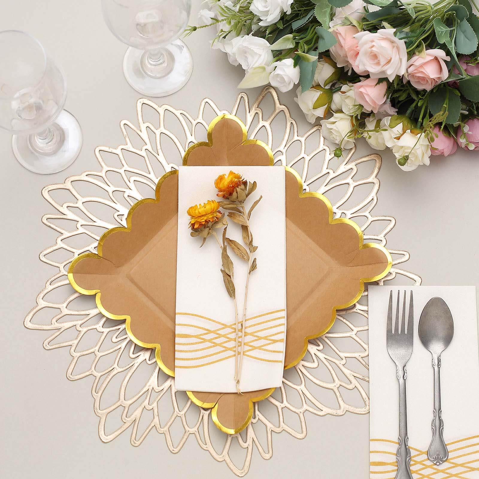 25-Pack Paper 9 Square Dinner Plates in Natural Brown with Gold Scalloped Rim - Disposable Party Plates for Rustic Gatherings & Chic Events