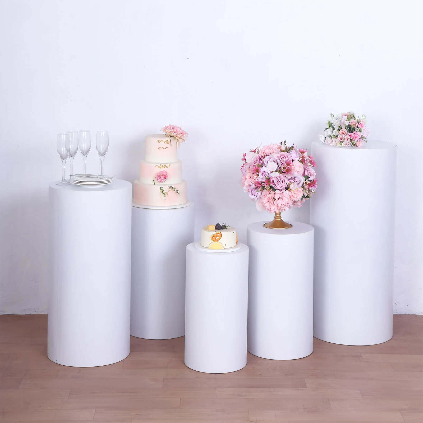 Set of 5 White Metal Cylinder Pillar Prop Stands For Wedding Aisle, Round Plinth Pedestal Display Boxes - 20, 22, 24, 30, 34