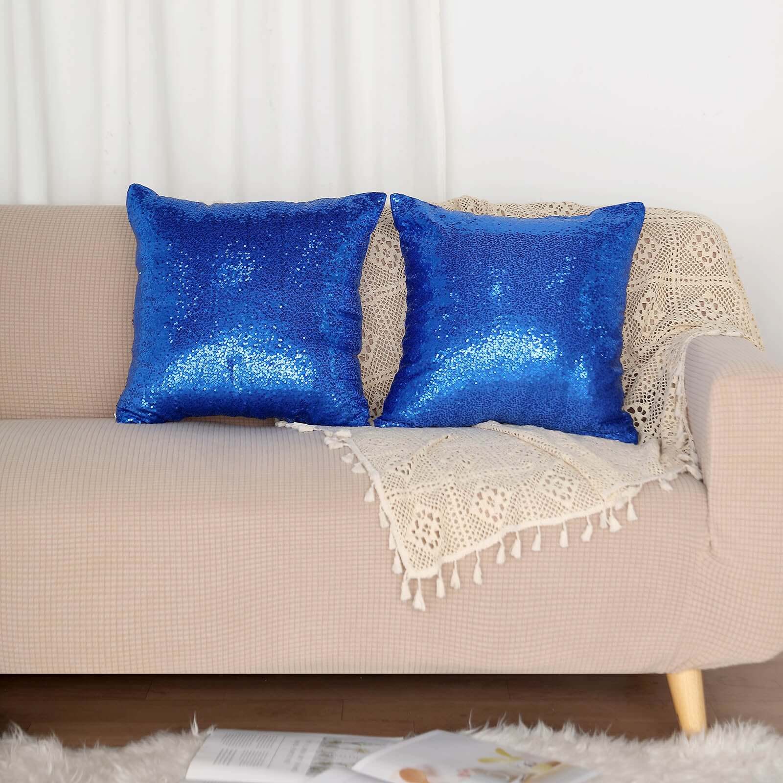 2 Pack 18x18 Sequin Throw Pillow Cover, Decorative Cushion Case - Square Royal Blue Sequin