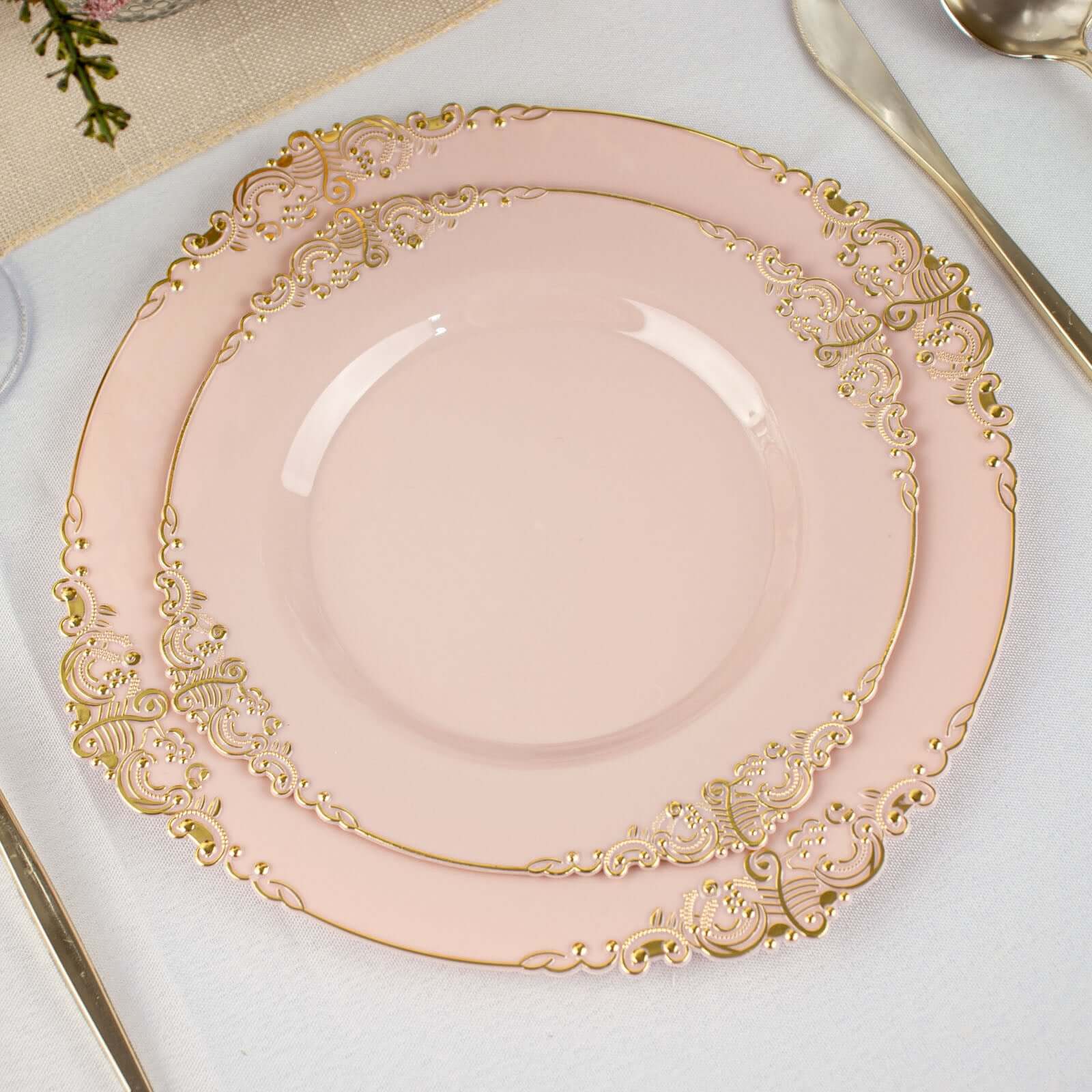 10-Pack Plastic 8 Round Dessert Plates in Blush with Gold Leaf Embossed Rim - Disposable Vintage Baroque Style Salad Plates