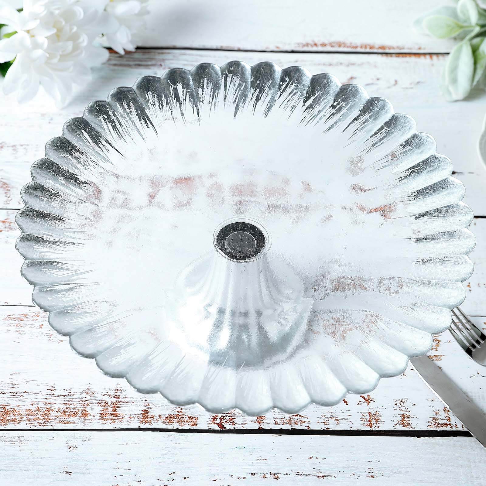 Glass Pedestal Cake Stand Wavy Edge Design Silver - Cupcake Holder and Dessert Display Plate 12