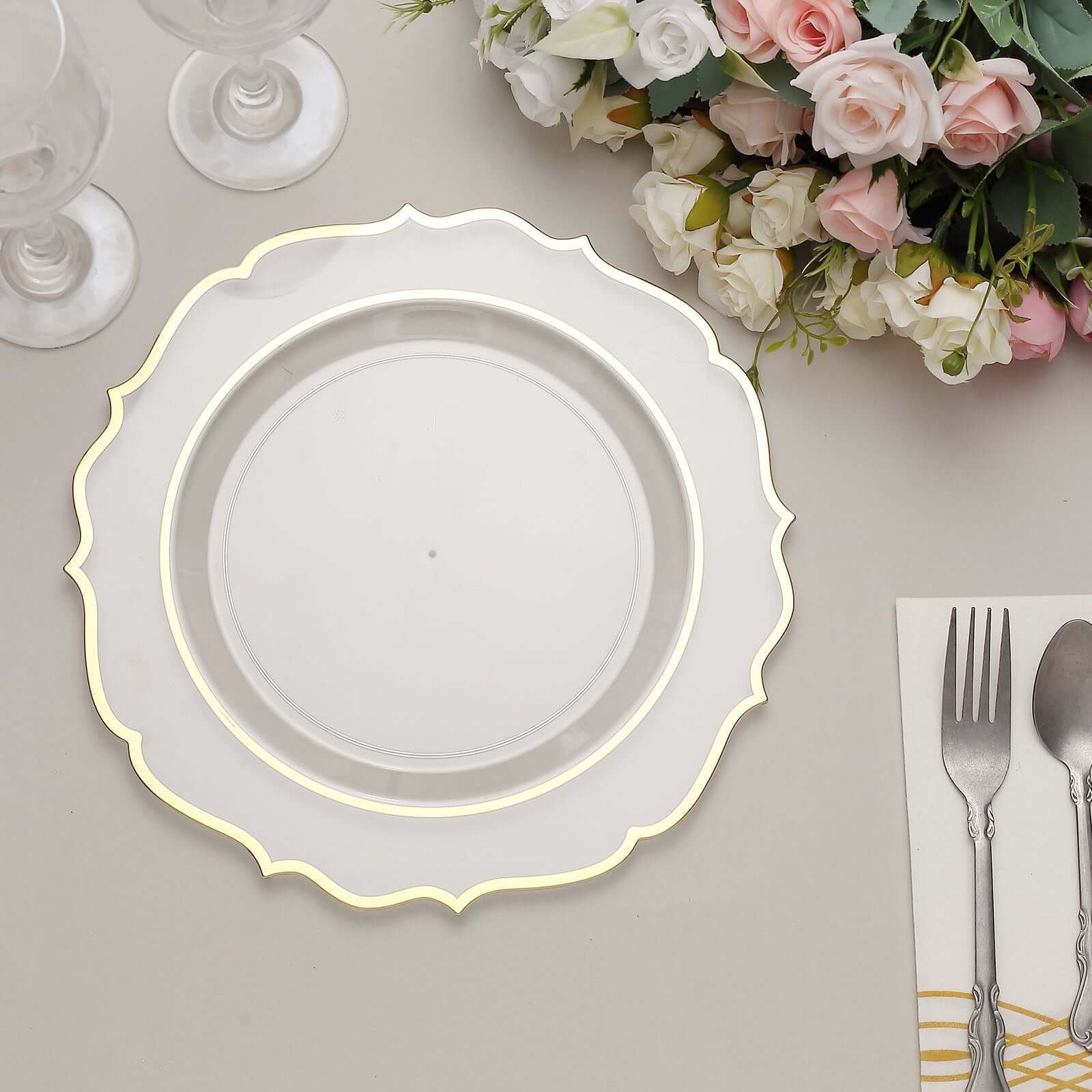 10-Pack Plastic 10 Round Dinner Plates in Clear with Gold Scalloped Rim - Disposable Party Plates