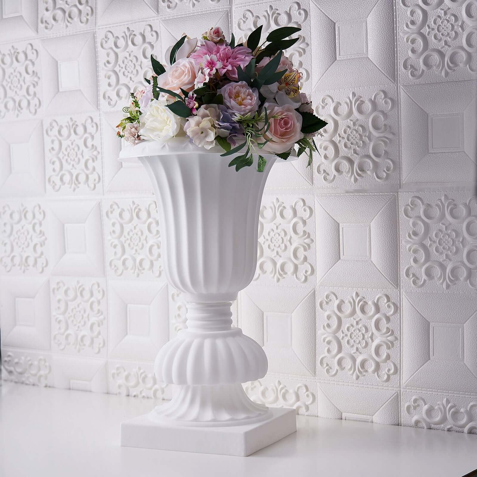 2 Pack 20 White Urn Planter, Floral Pedestal Flower Pot Plant Stand - PVC