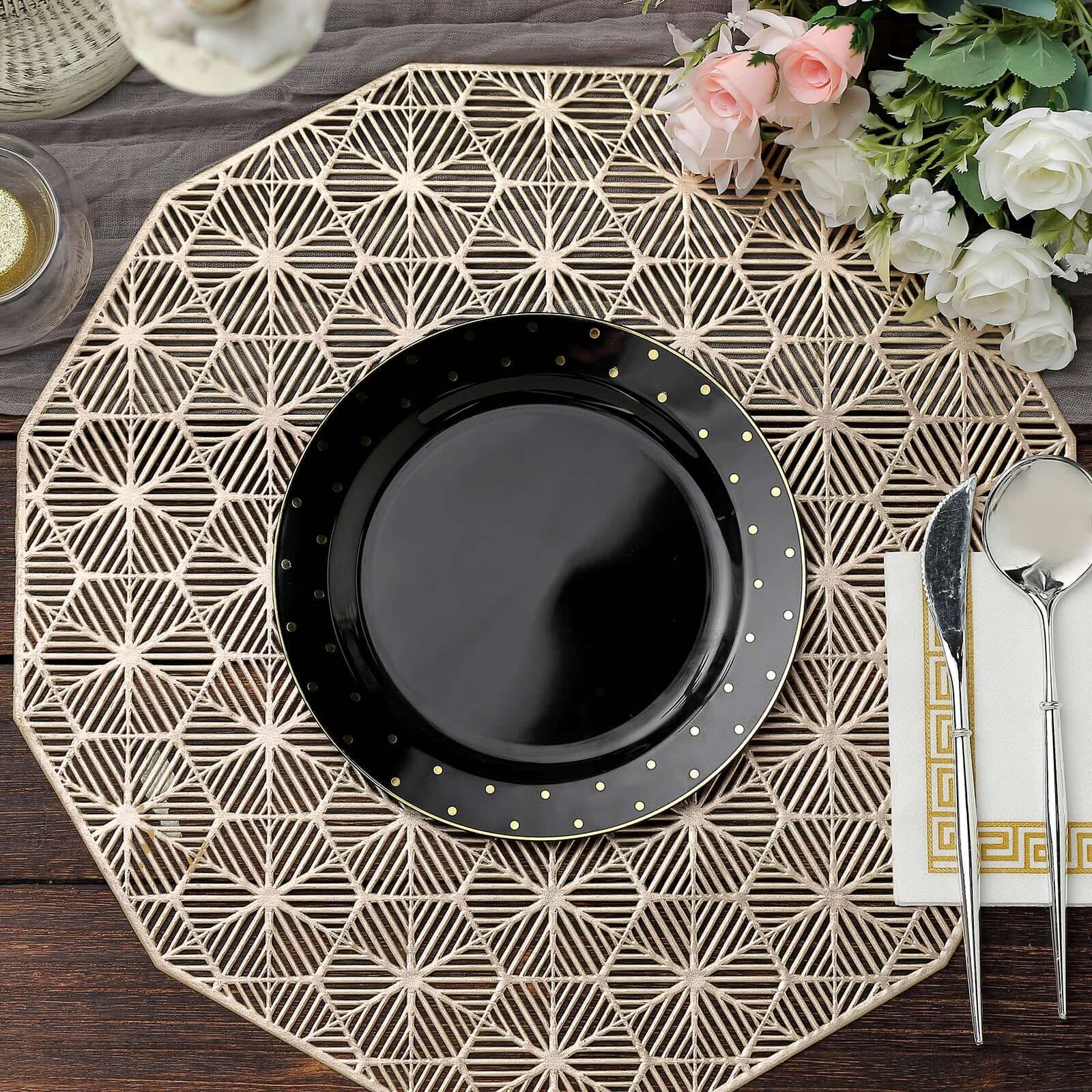 10 Pack 7.5 Black With Gold Dot Rim Plastic Dessert Plates, Round Salad Disposable Tableware Plates