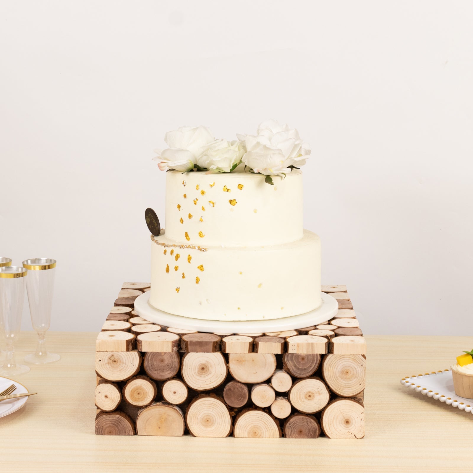 Wooden Cake Stand 14x14 Square Design Rustic Natural Slices - Farmhouse Display Box Pedestal Riser