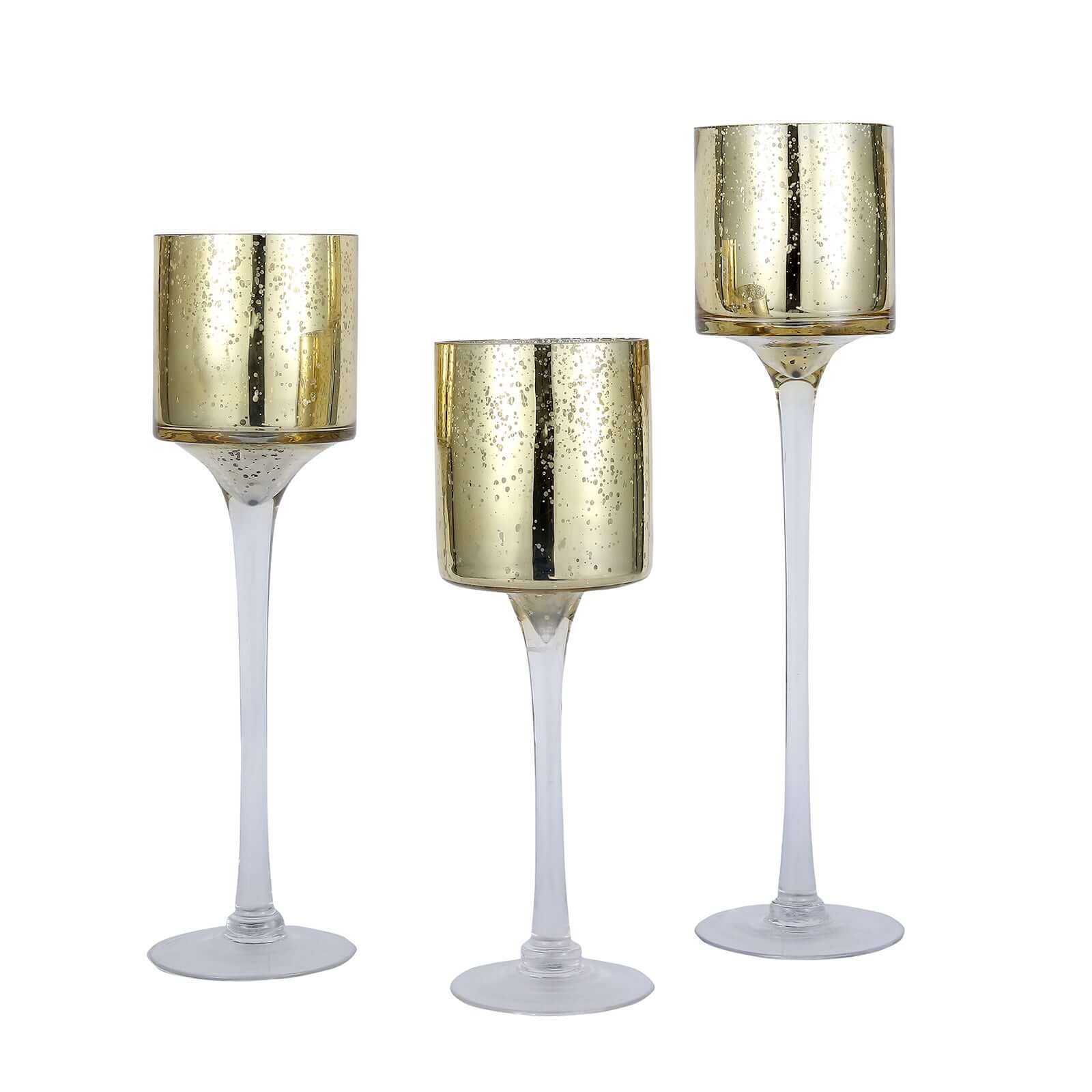 Set of 3 Glass Cylinder Vases Long Stem Gold - Decorative Candle Holder Floral Centerpieces 12, 14, 16