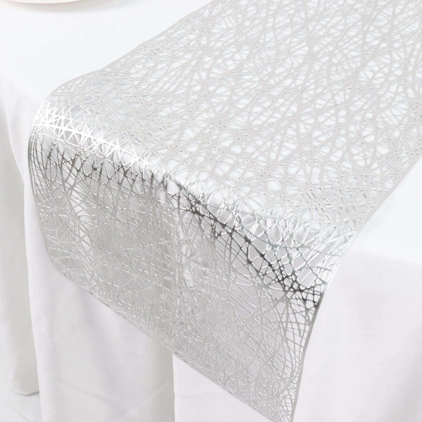 Plastic Woven Vinyl 13x6ft Table Runner Metallic Silver - Non-Slip & Reversible Tabletop Decor