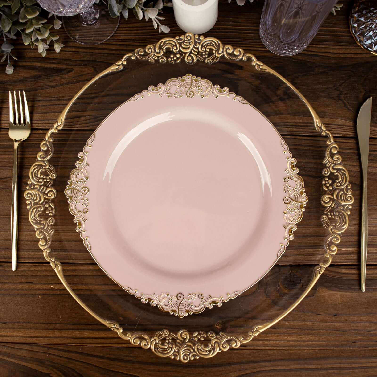 10-Pack Plastic 10 Round Dinner Plates in Blush with Gold Leaf Embossed Rim - Disposable Vintage Baroque Style Plates