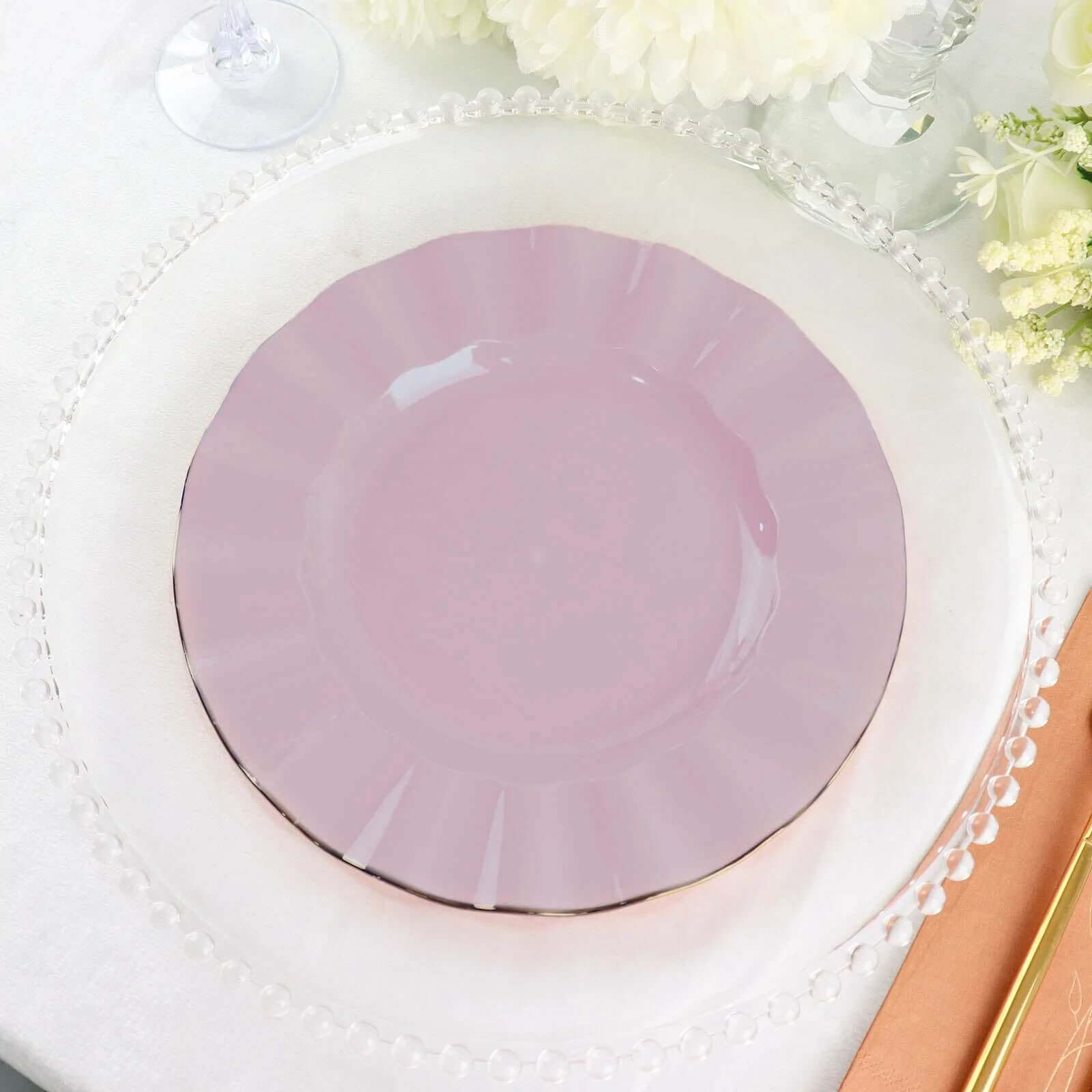 10-Pack Plastic 9 Round Dinner Plates in Lavender Lilac Ruffled Rim with Gold Edging - Sturdy Disposable Dinnerware