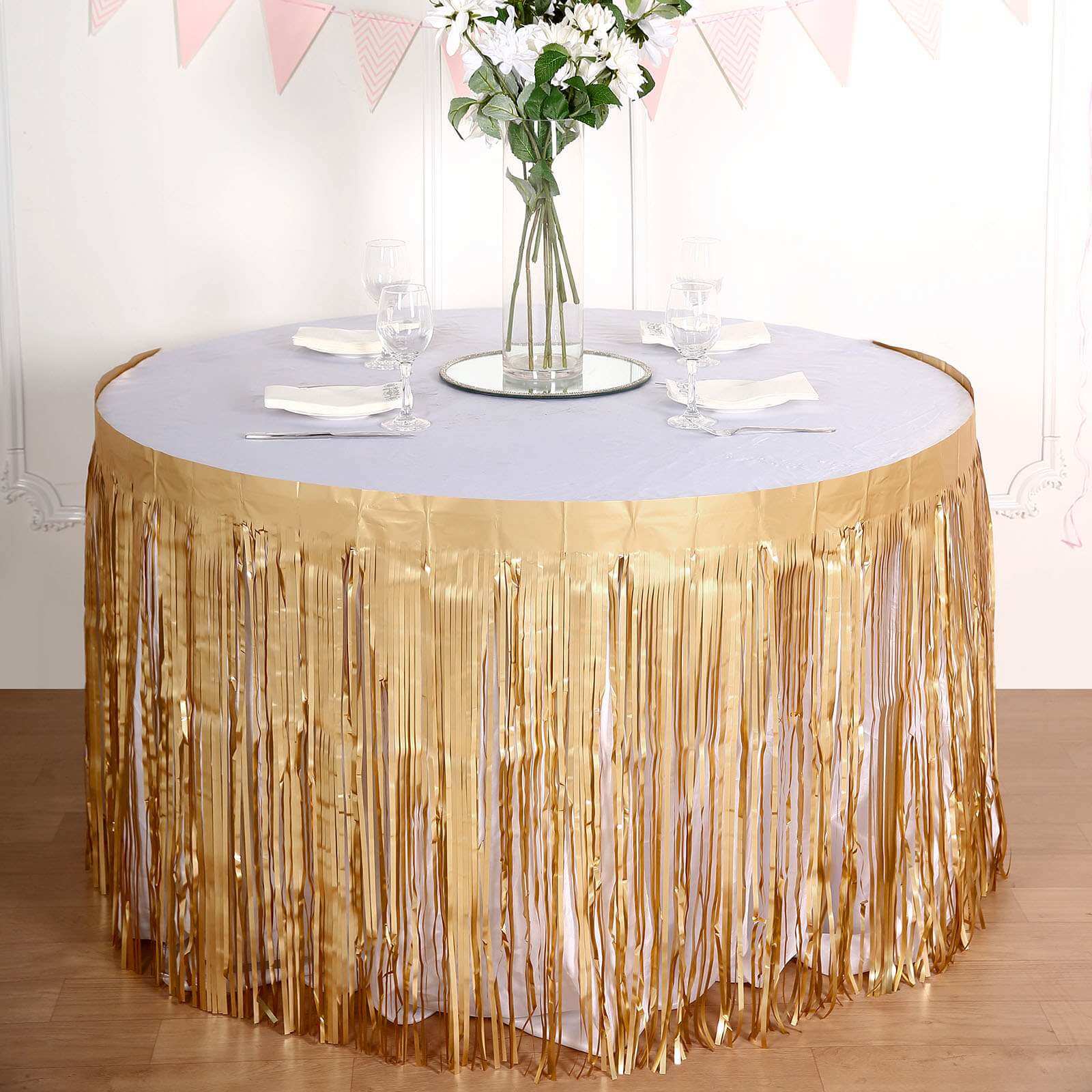 Metallic Foil Fringe Table Skirt Matte Gold with Self Adhesive Backing - Durable Tinsel Skirt for Parties 30x9ft