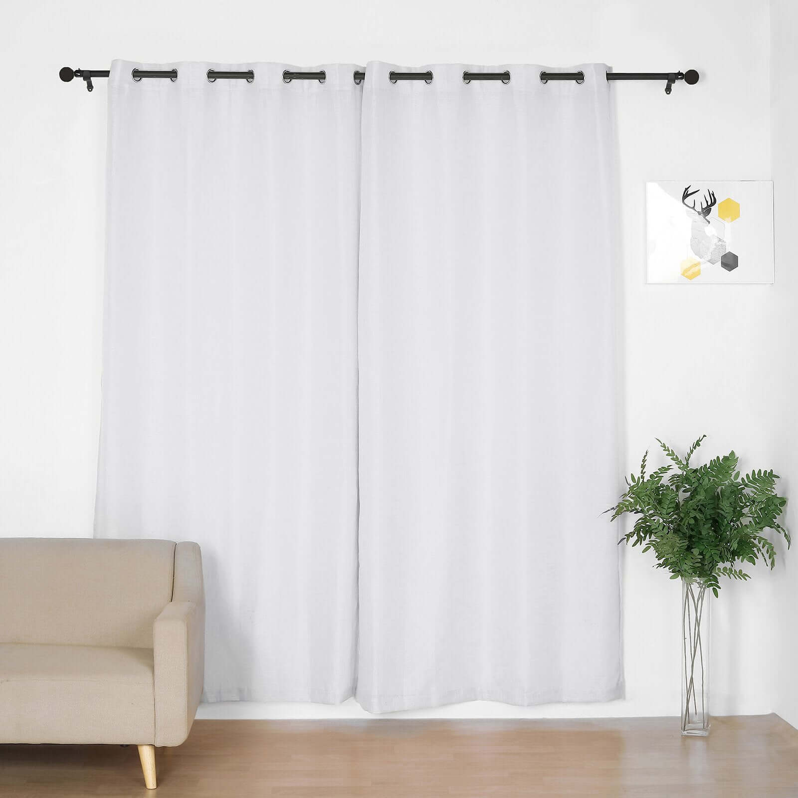 2 Pack Handmade White Faux Linen Curtains 52x96, Curtain Panels With Chrome Grommets