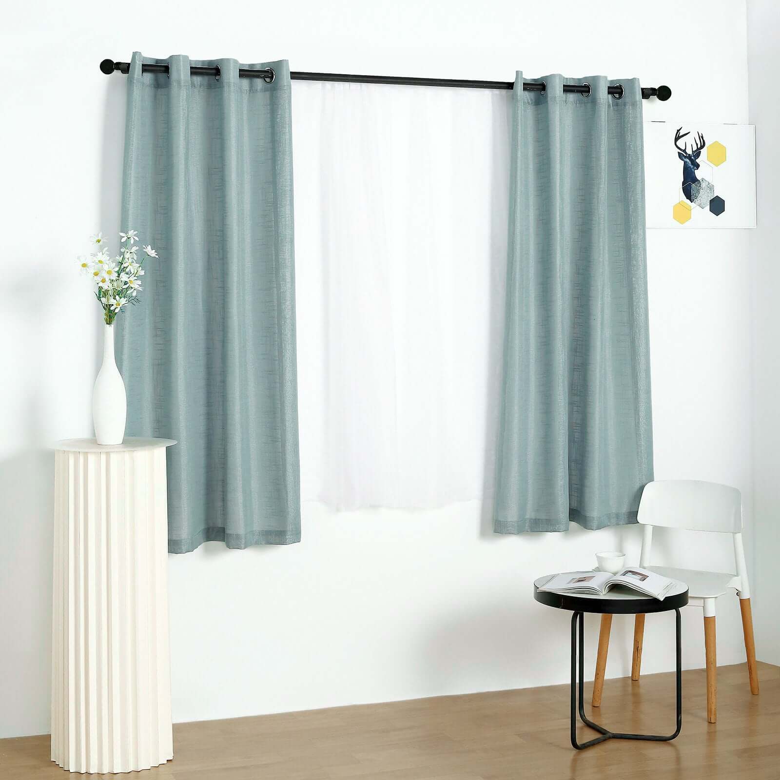 2 Pack Handmade Dusty Blue Faux Linen Curtains 52x64, Curtain Panels With Chrome Grommets