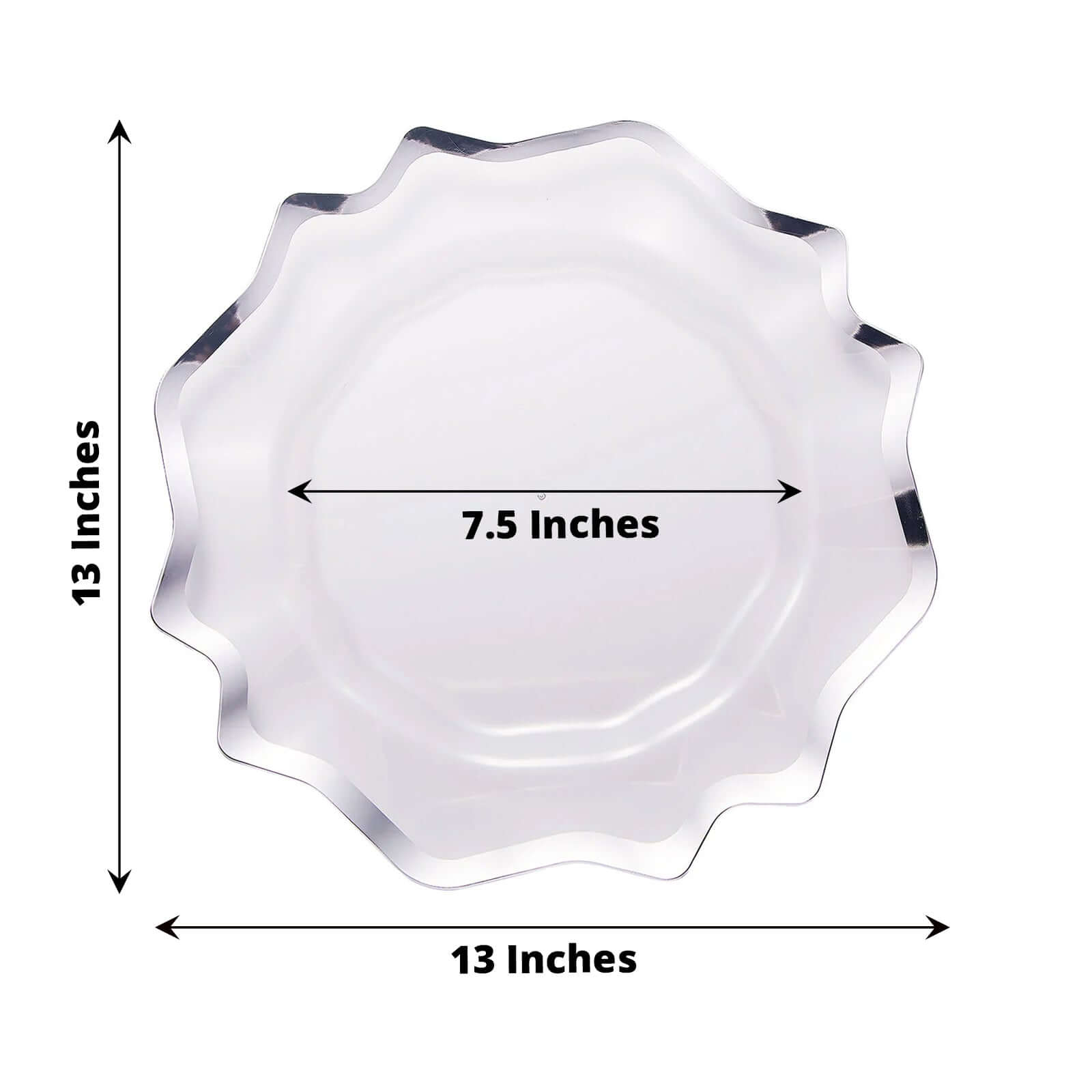 6-Pack Acrylic Plastic Round Charger Plates 13 in Clear with Silver Scalloped Edge, Exquisite Dinner Serving Plates