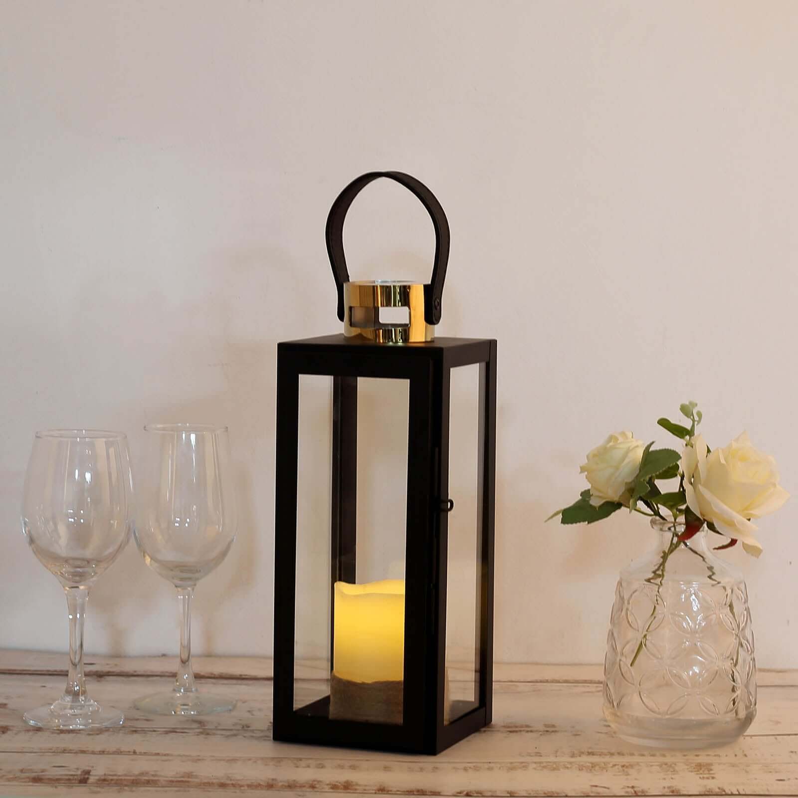 14 Black and Gold Top Stainless Steel Candle Lantern Centerpiece Outdoor Metal Patio Lantern