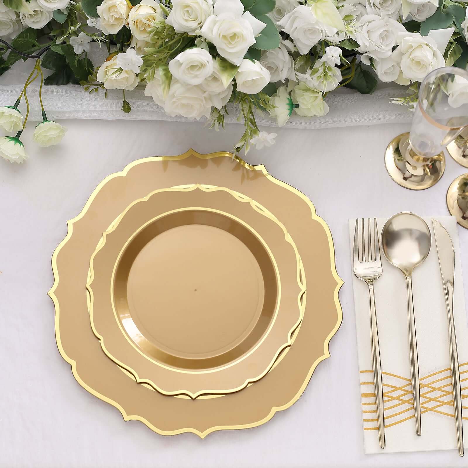 10-Pack Plastic 10 Round Dinner Plates in Gold with Gold Scalloped Rim - Disposable Party Plates